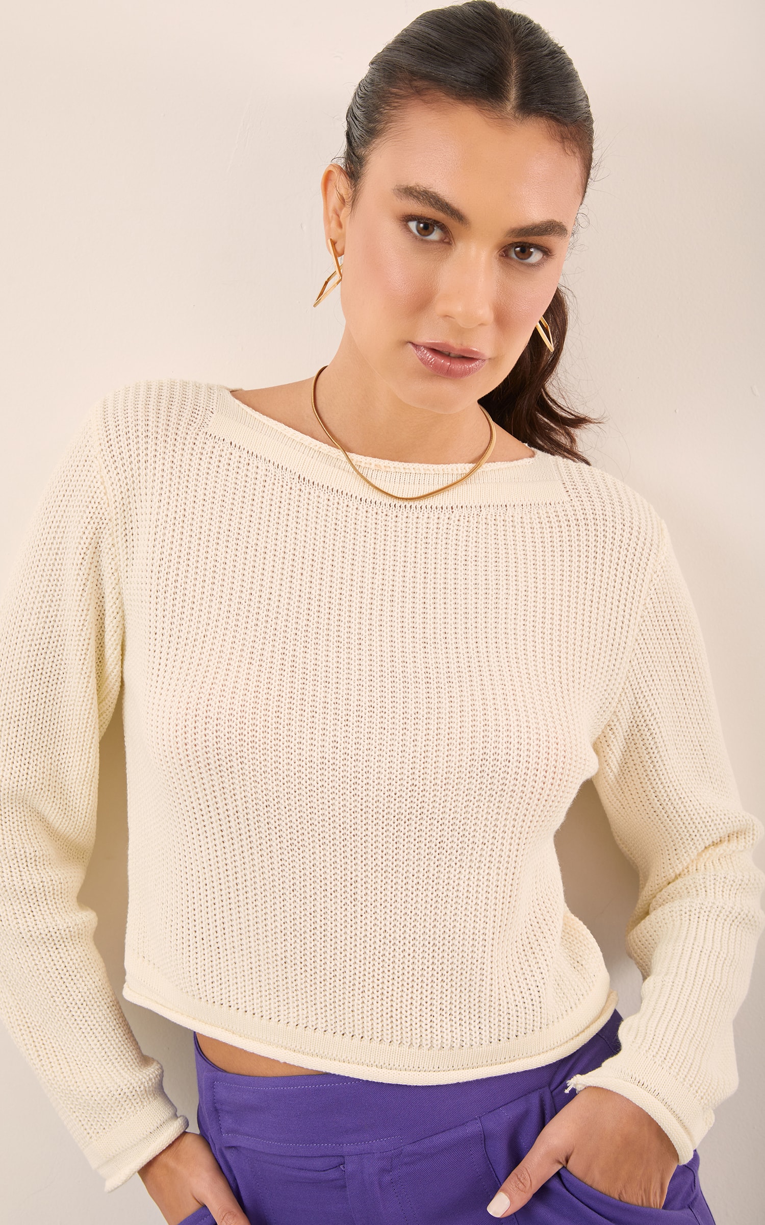 Blusa Tricot Básico Manga Longa Off White