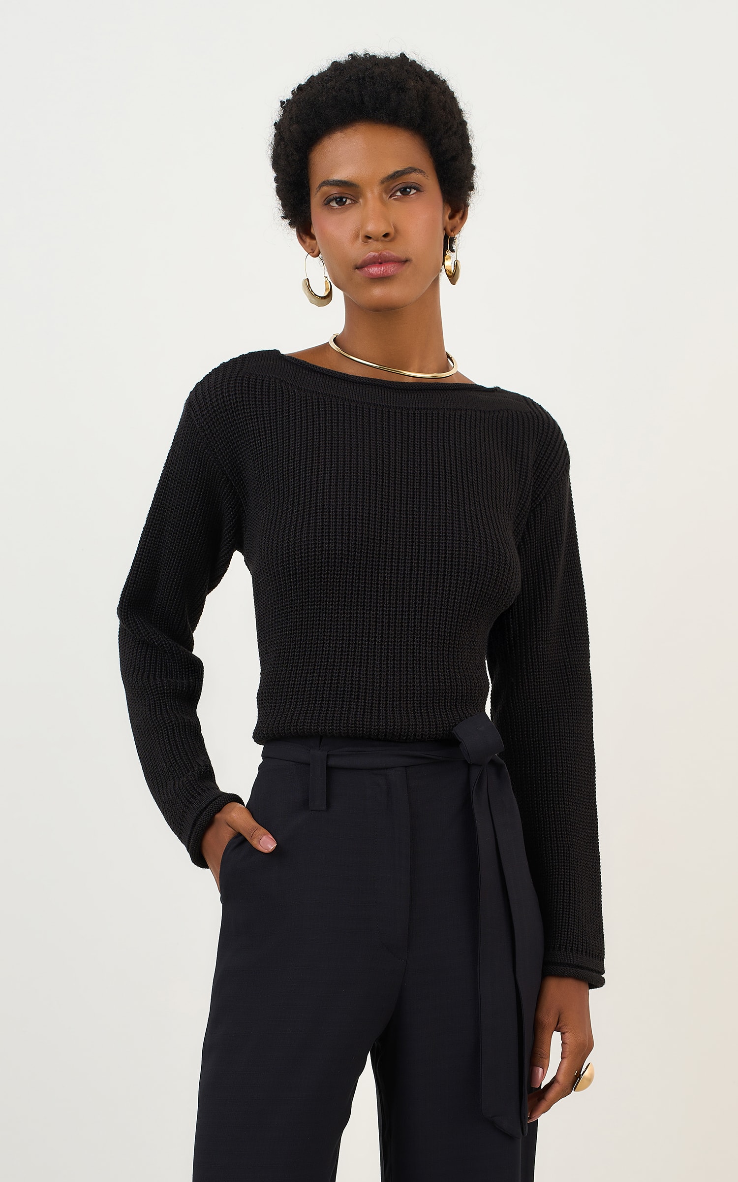 Blusa Tricot Básico Manga Longa Preto