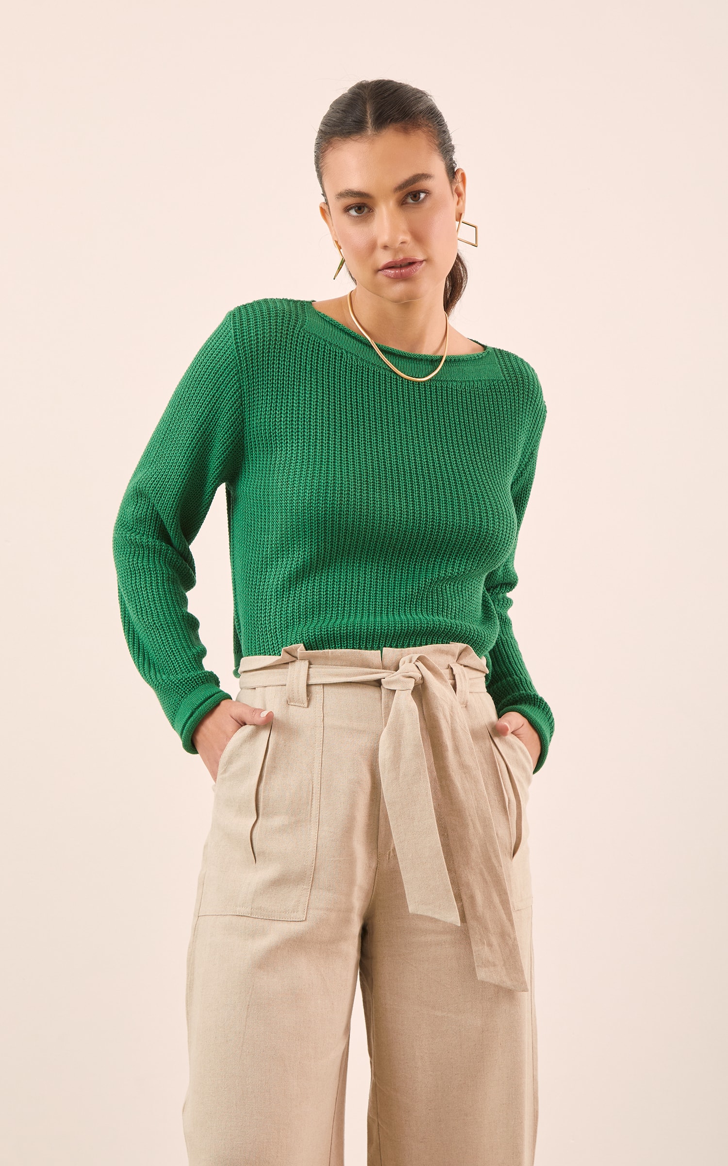 Blusa Tricot Básico Manga Longa Verde Bandeira