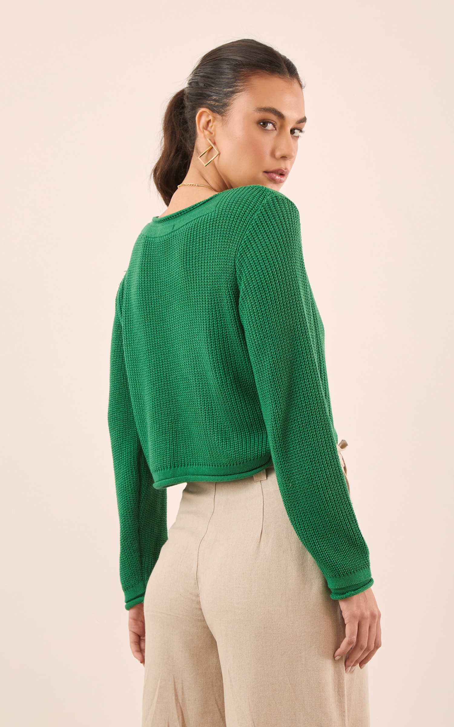 Blusa Tricot Básico Manga Longa Verde Bandeira
