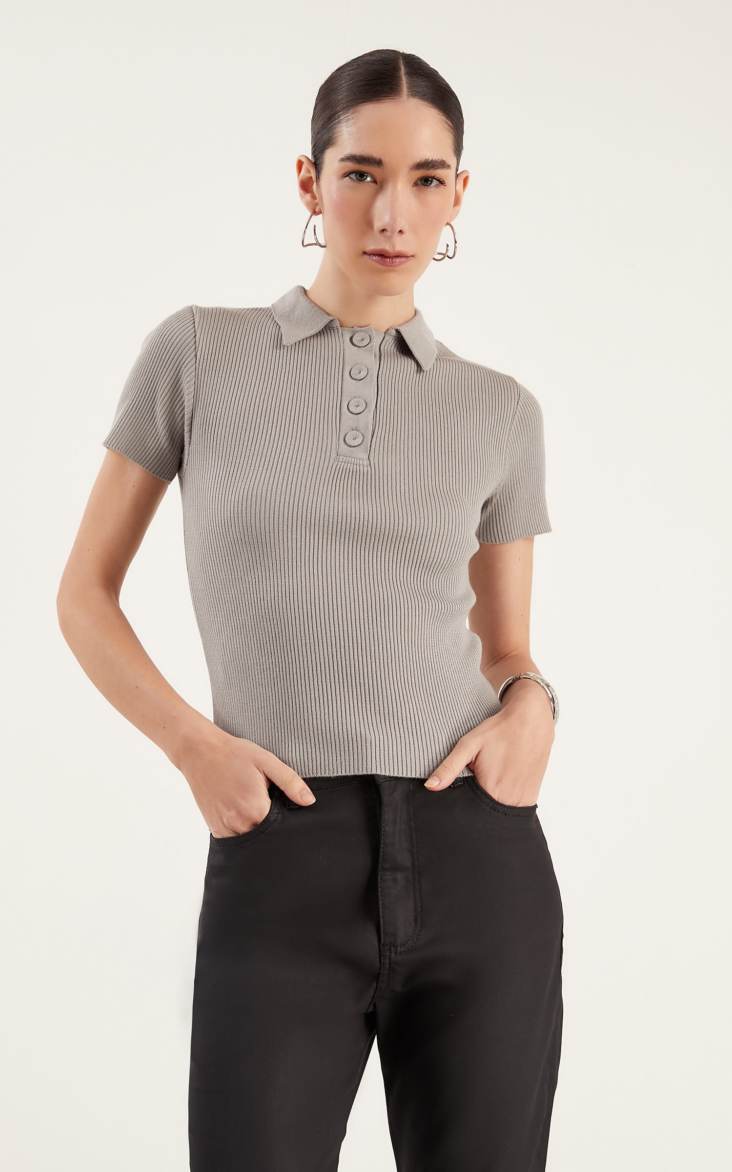 Blusa Tricot Botões Polo Cinza
