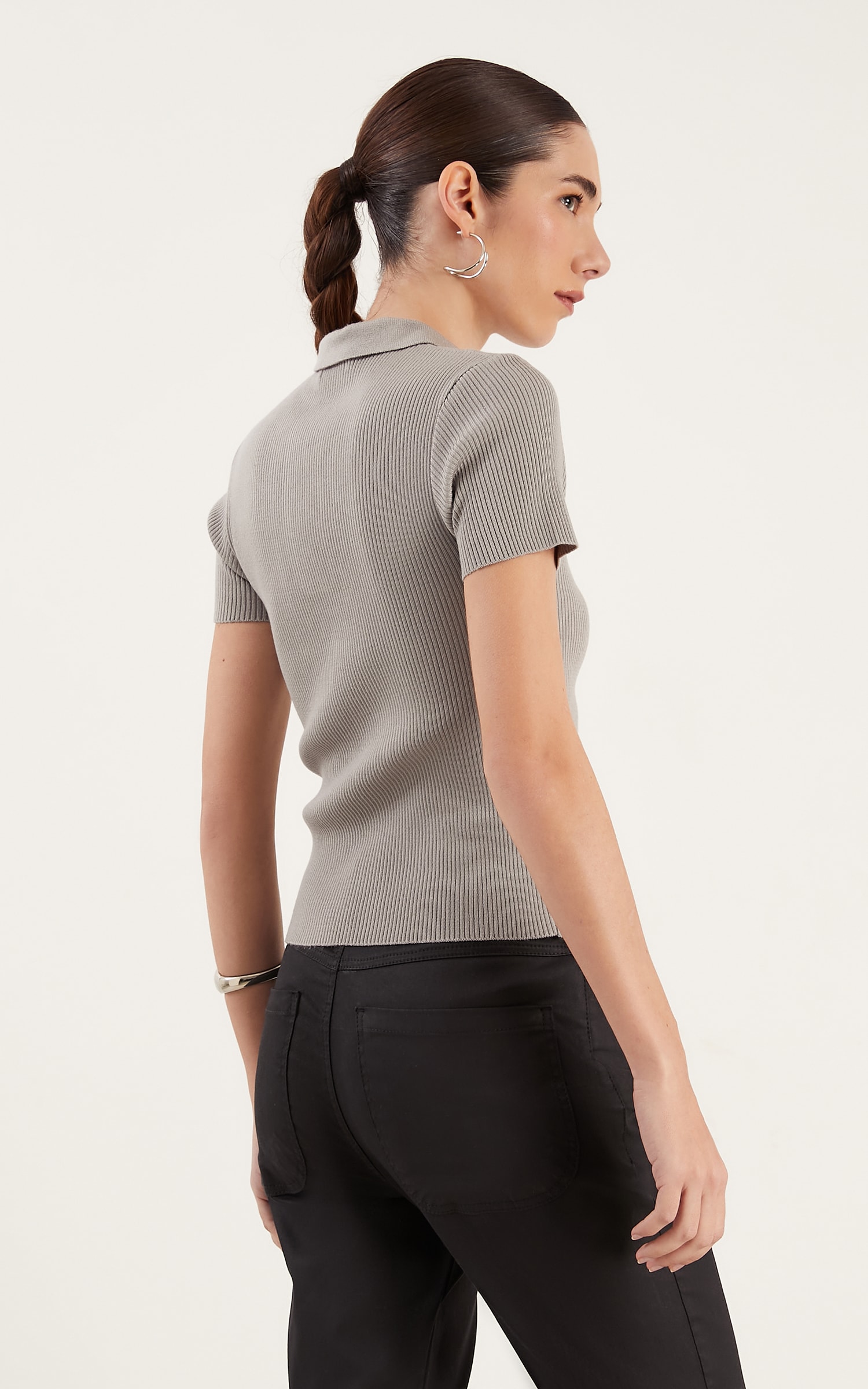 Blusa Tricot Botões Polo Cinza