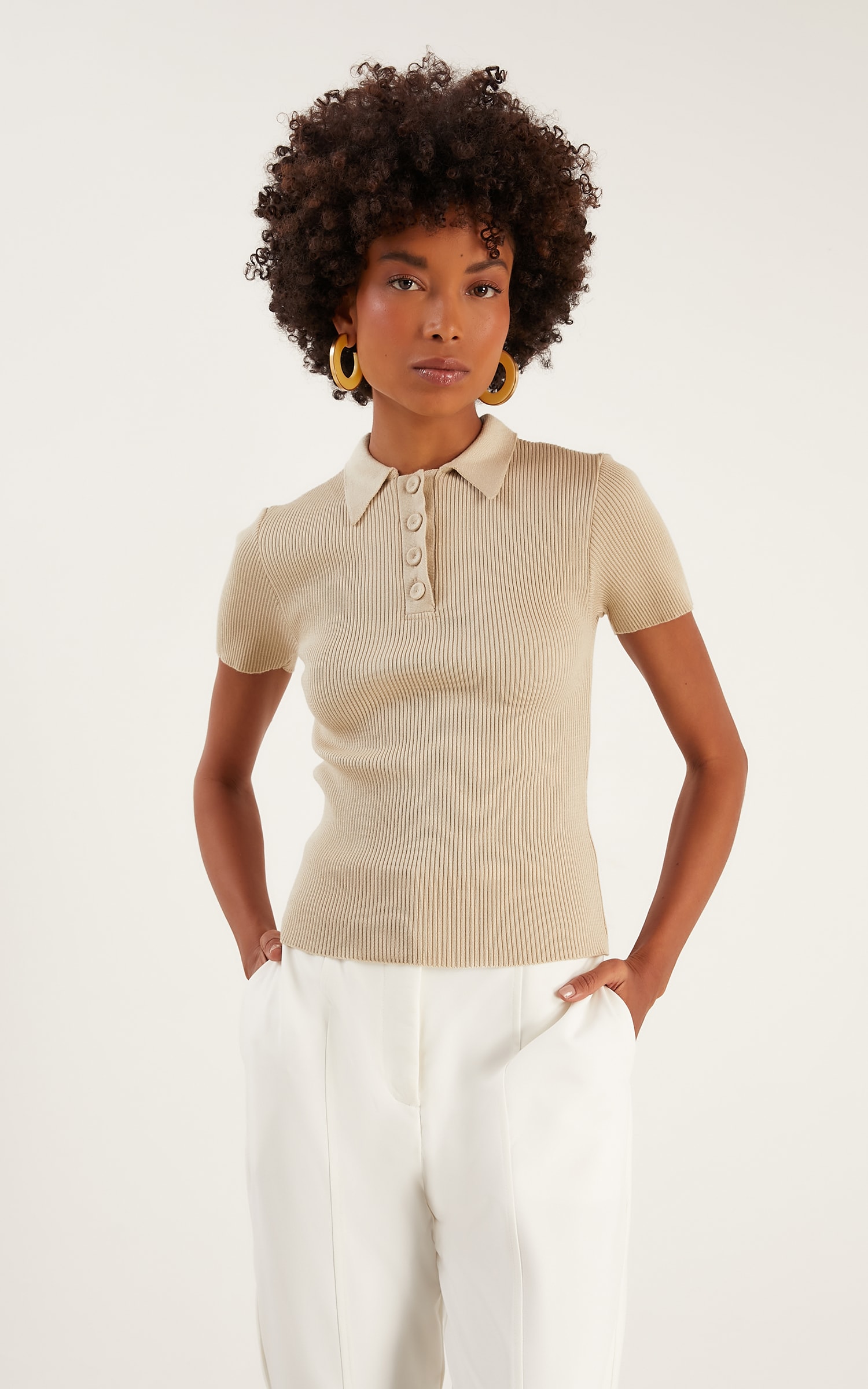 Blusa Tricot Botões Polo Pérola