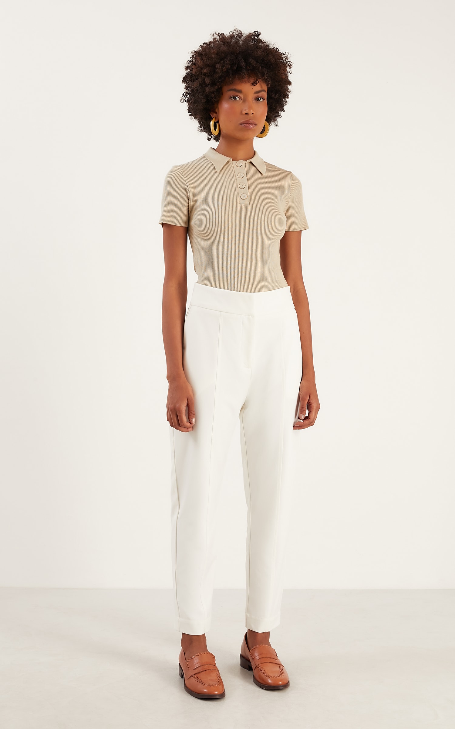 Blusa Tricot Botões Polo Pérola