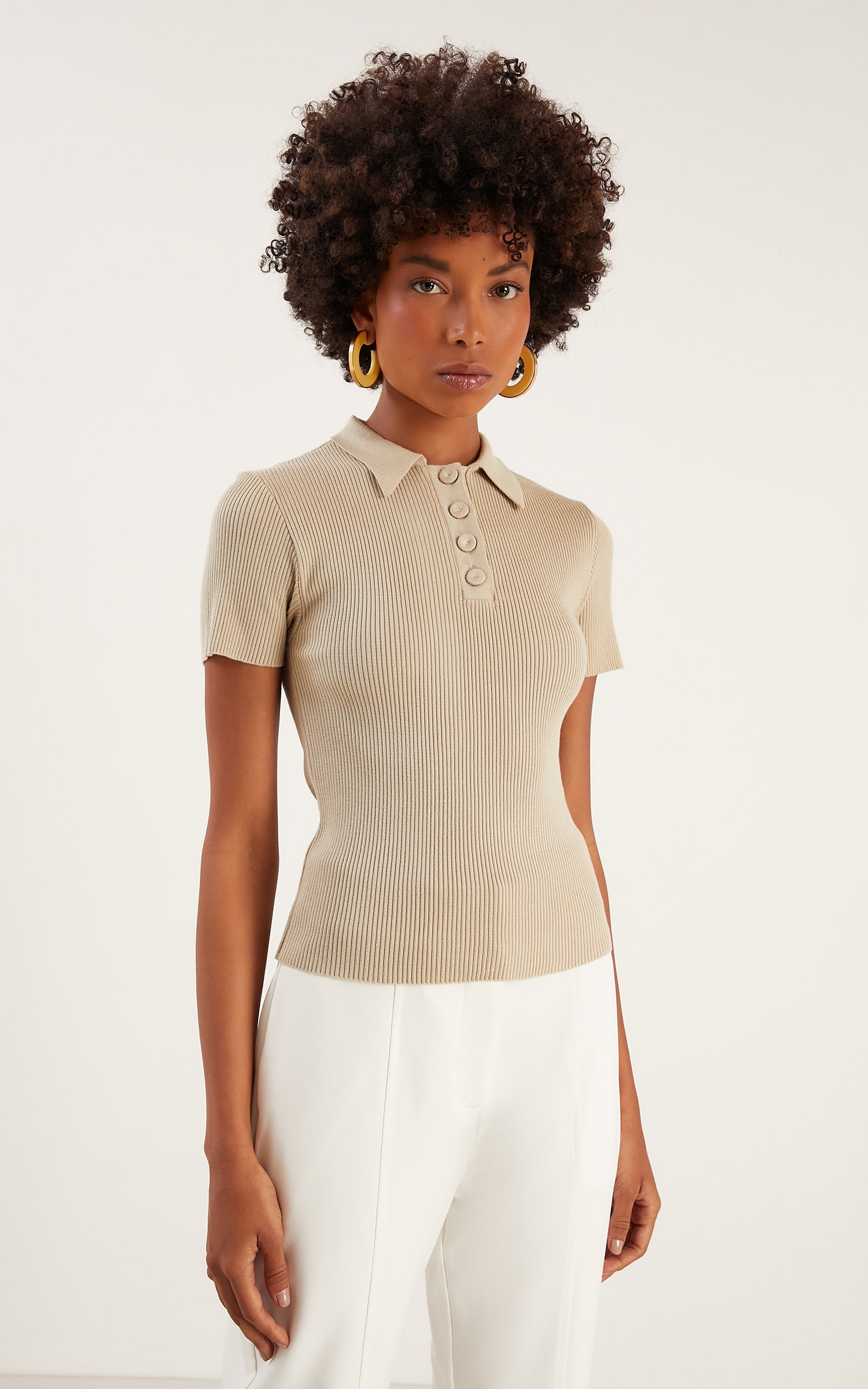 Blusa Tricot Botões Polo Pérola