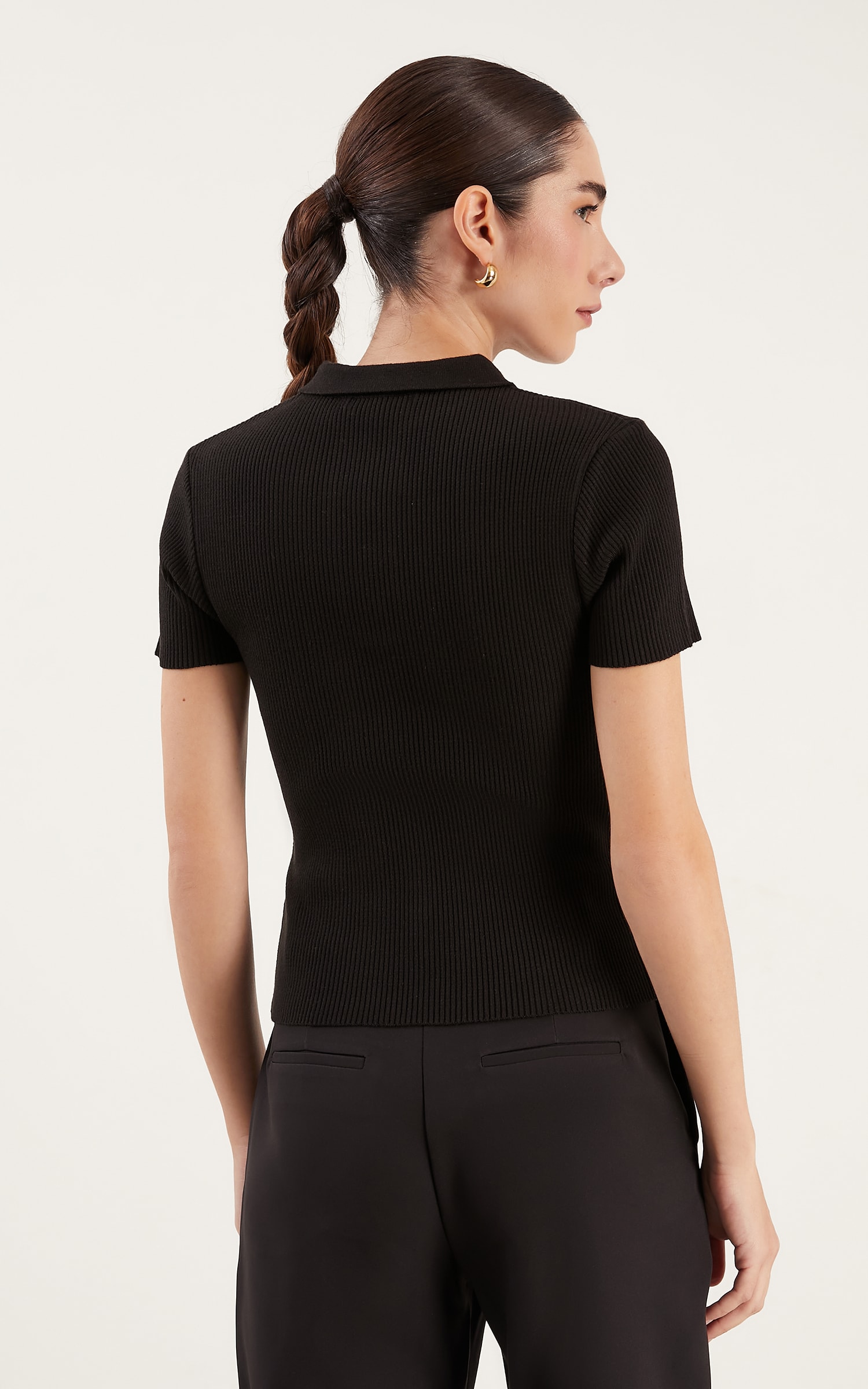 Blusa Tricot Botões Polo Preto
