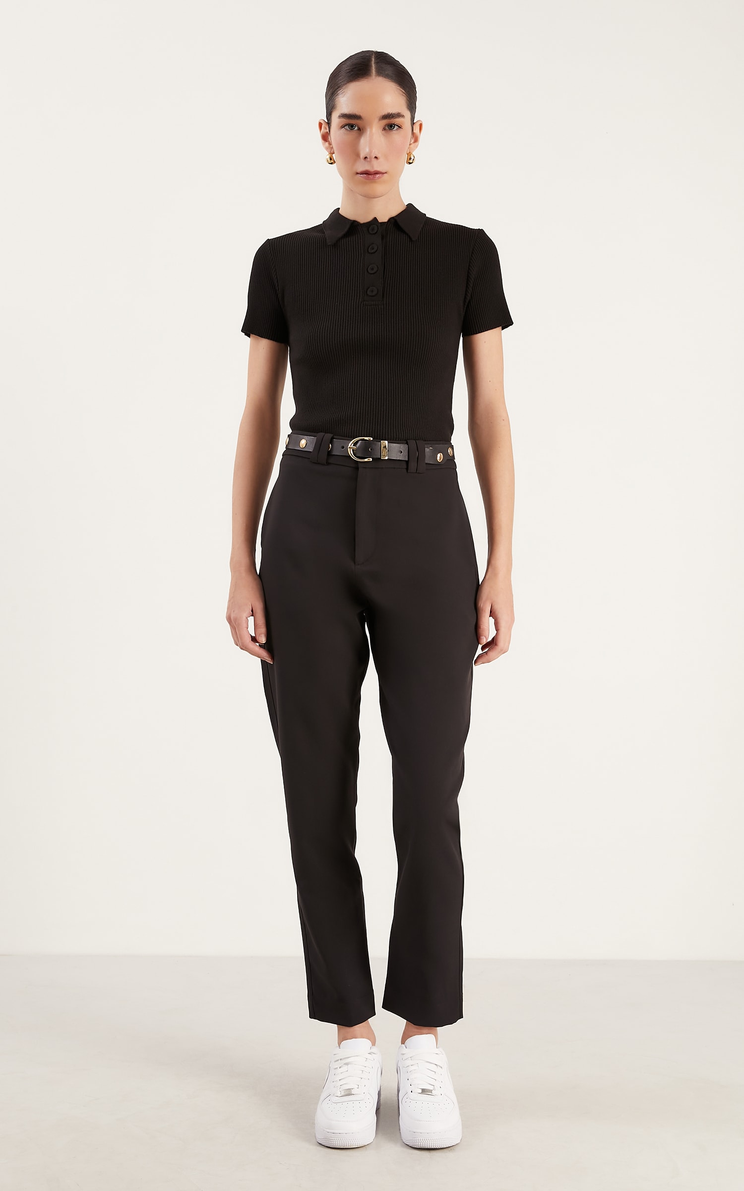 Blusa Tricot Botões Polo Preto