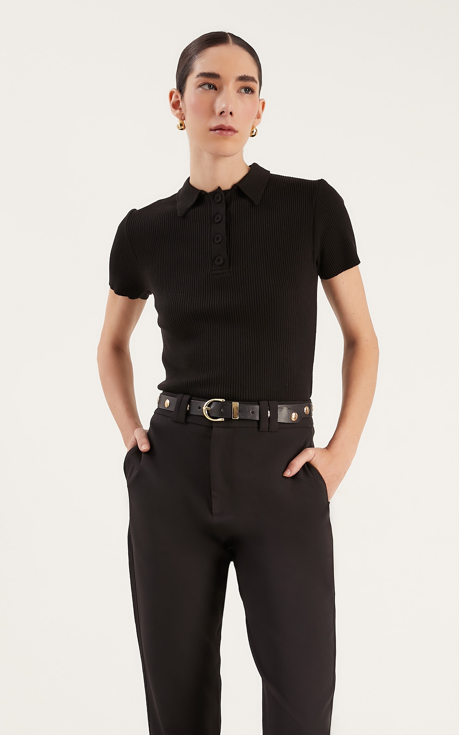 Blusa Tricot Botões Polo Preto
