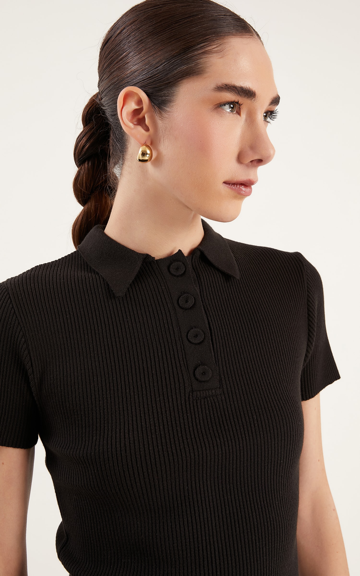 Blusa Tricot Botões Polo Preto