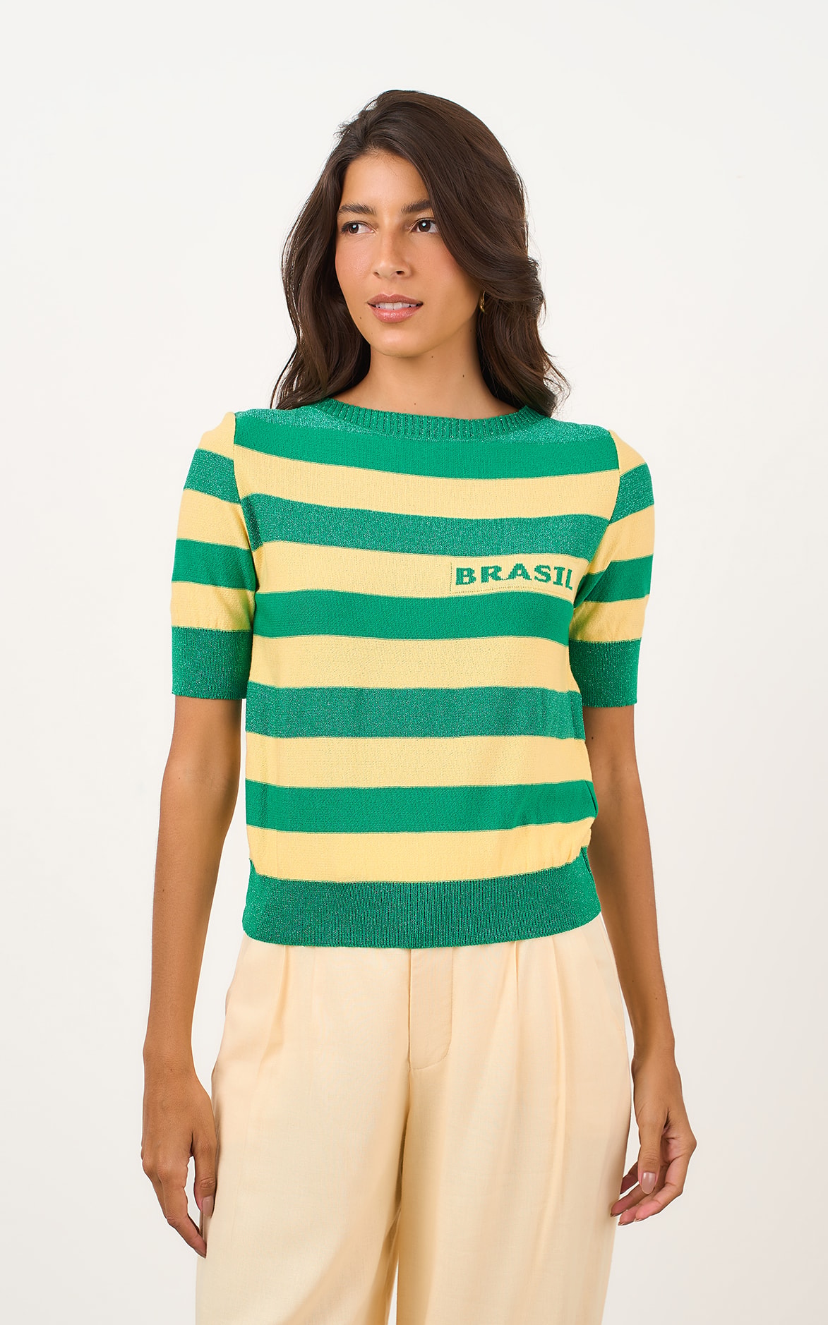 Blusa Tricot Brasil Lurex Verde/Amarelo