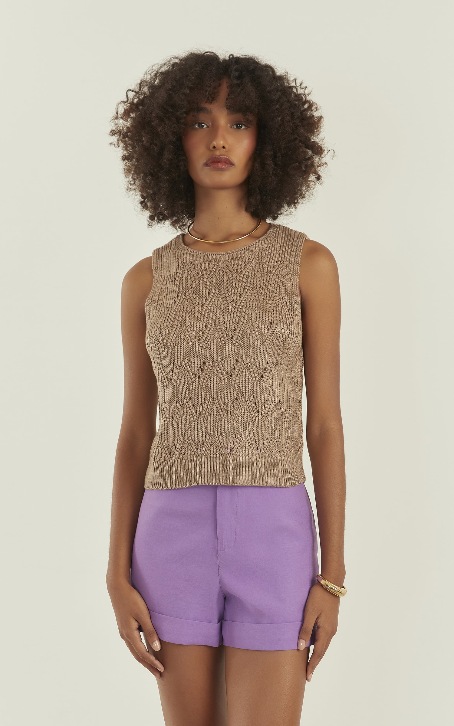 Blusa Tricot Brilhante Areia