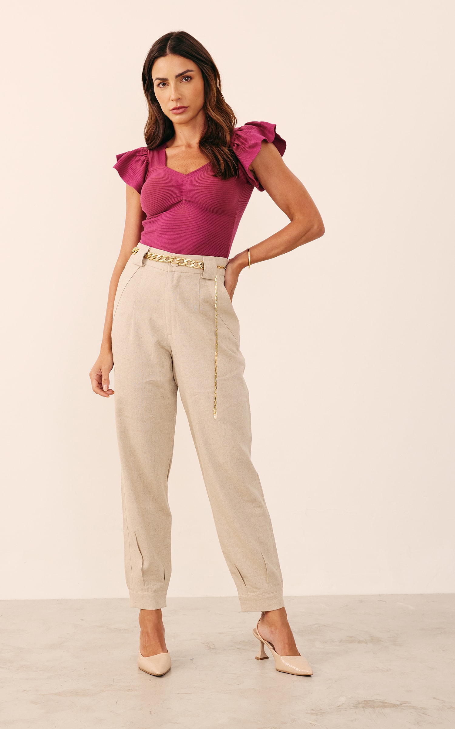 Blusa Tricot Decote Coração Babados Fúcsia
