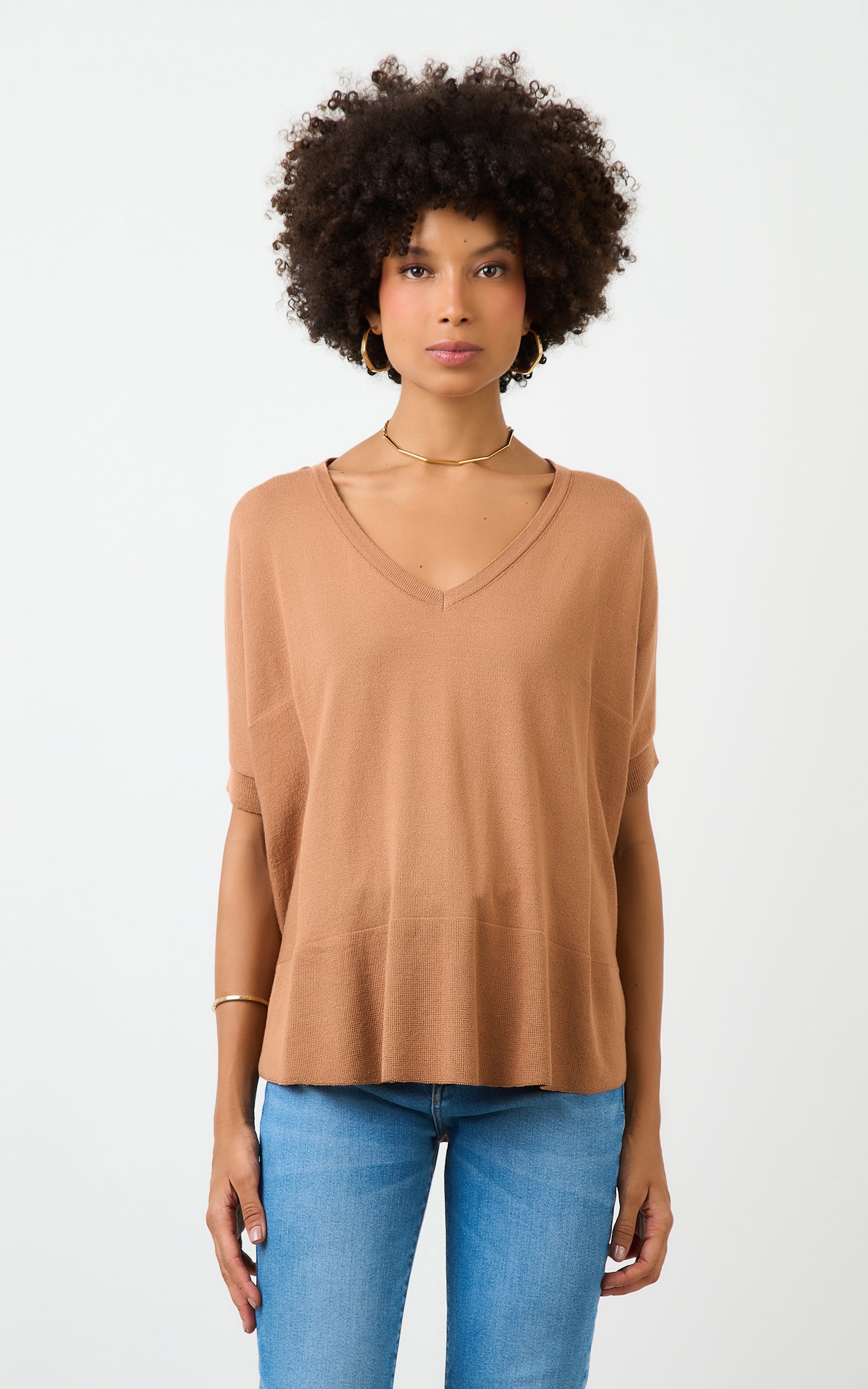 Blusa Tricot Decote v Ampla Amendoa