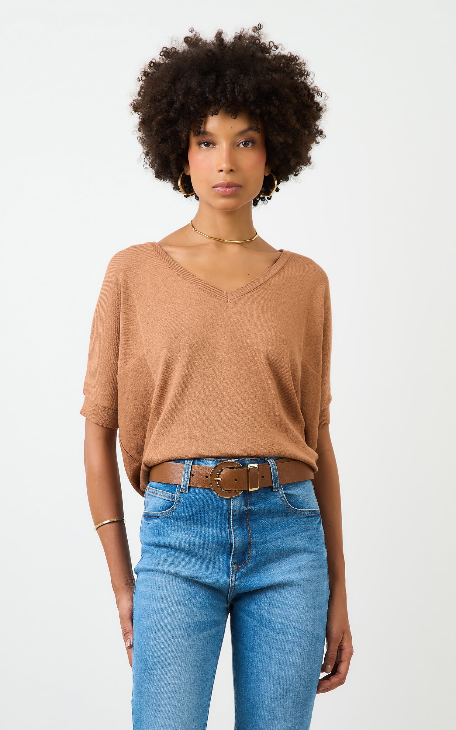 Blusa Tricot Decote v Ampla Amendoa