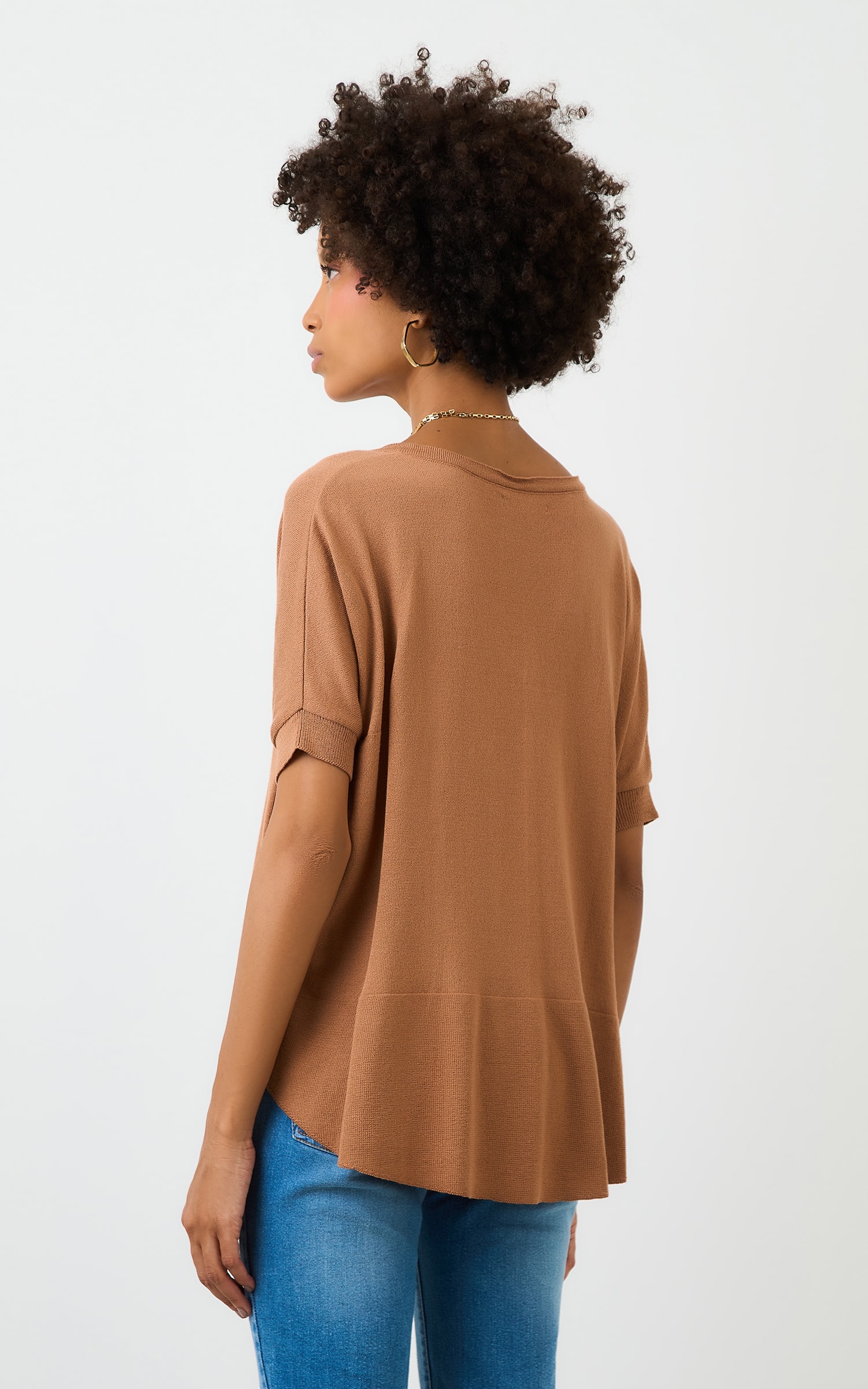 Blusa Tricot Decote v Ampla Amendoa