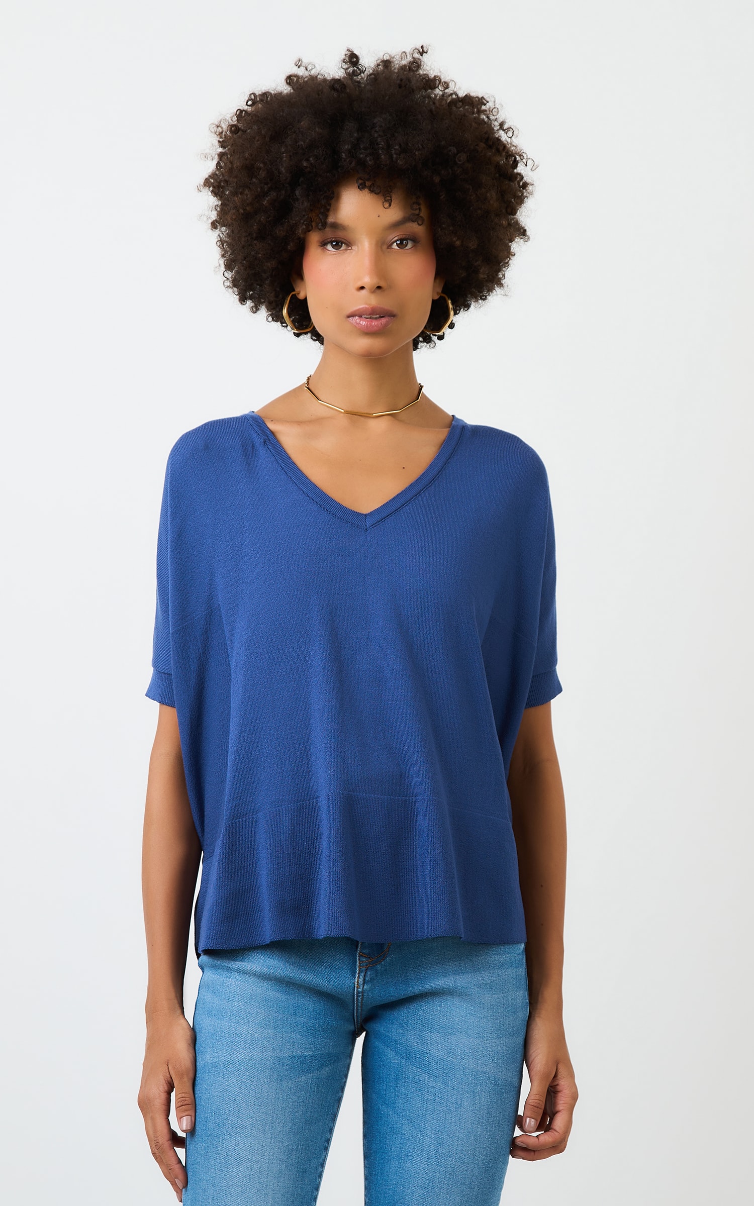 Blusa Tricot Decote v Ampla Cobalto