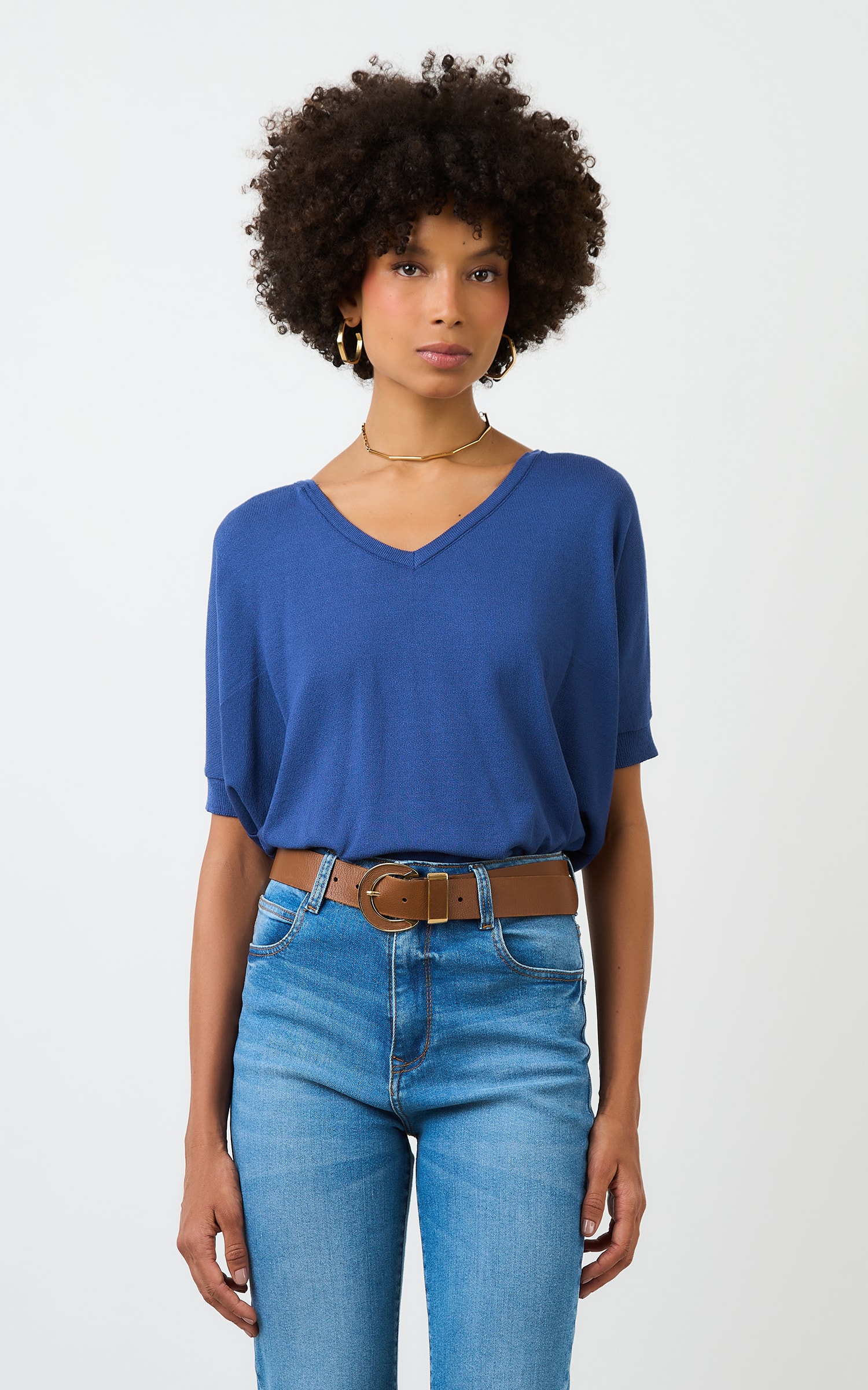Blusa Tricot Decote v Ampla Cobalto
