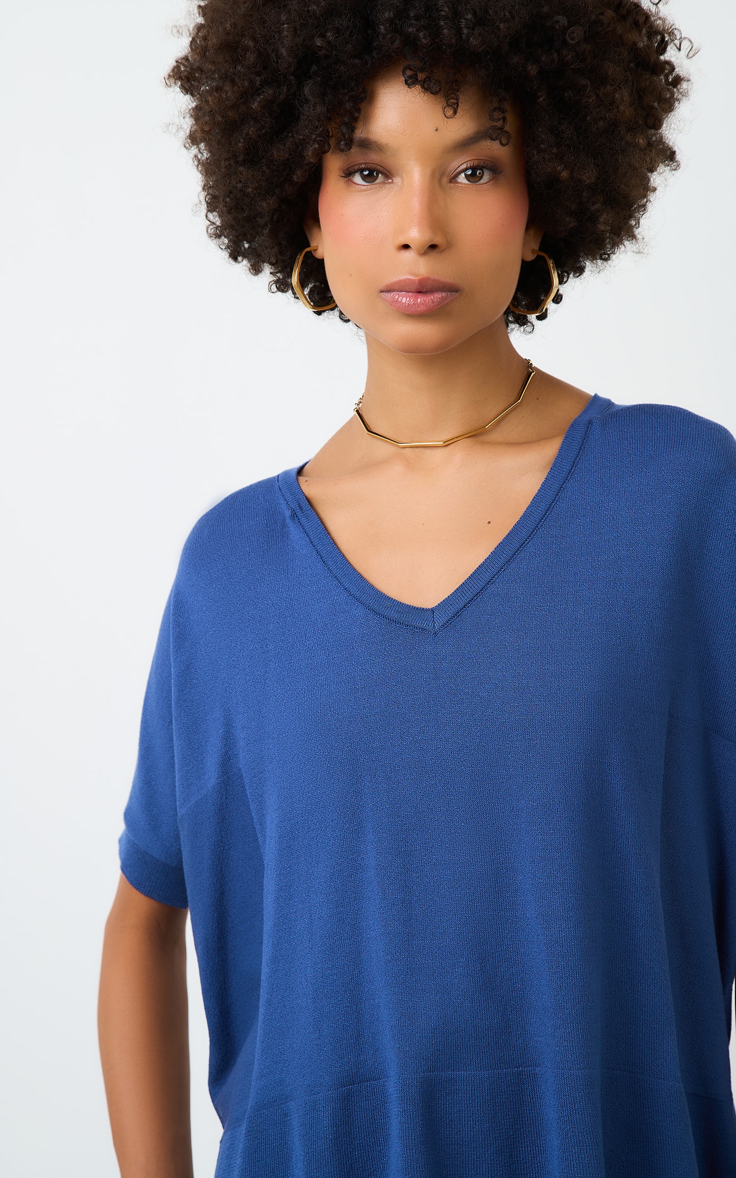 Blusa Tricot Decote v Ampla Cobalto