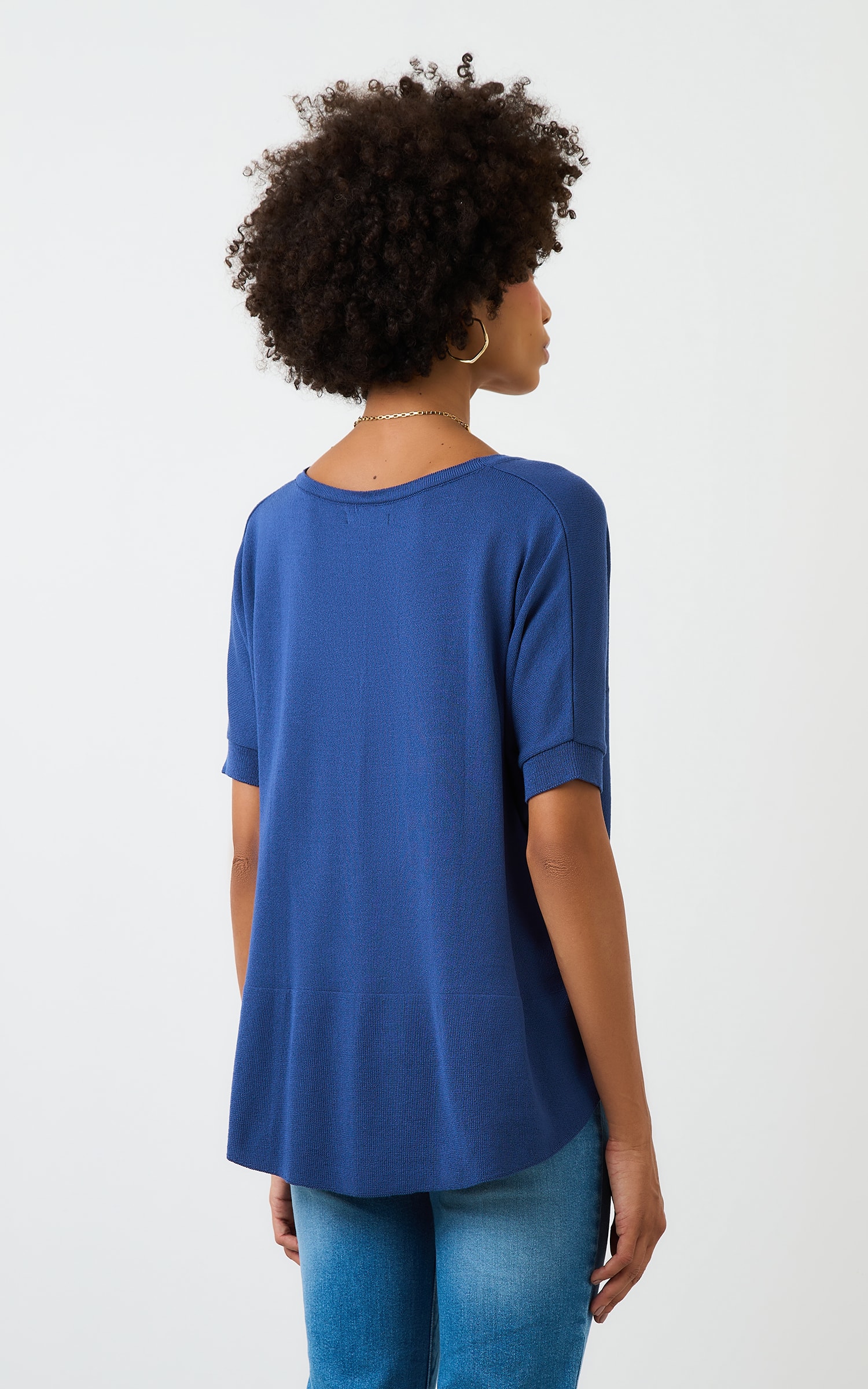 Blusa Tricot Decote v Ampla Cobalto