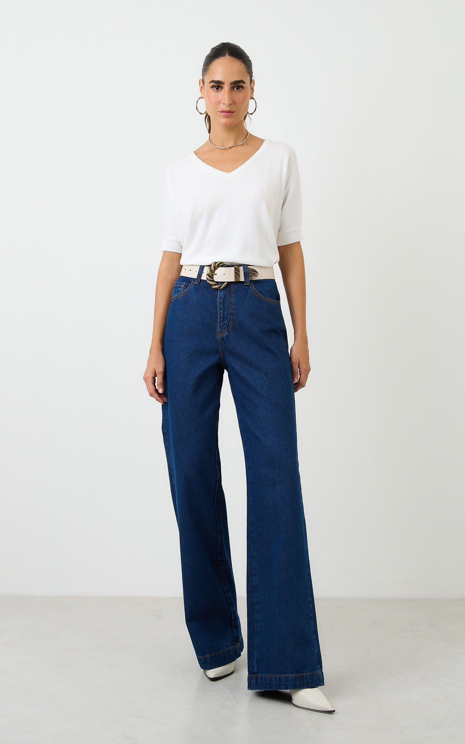 Blusa Tricot Decote v Ampla Off White