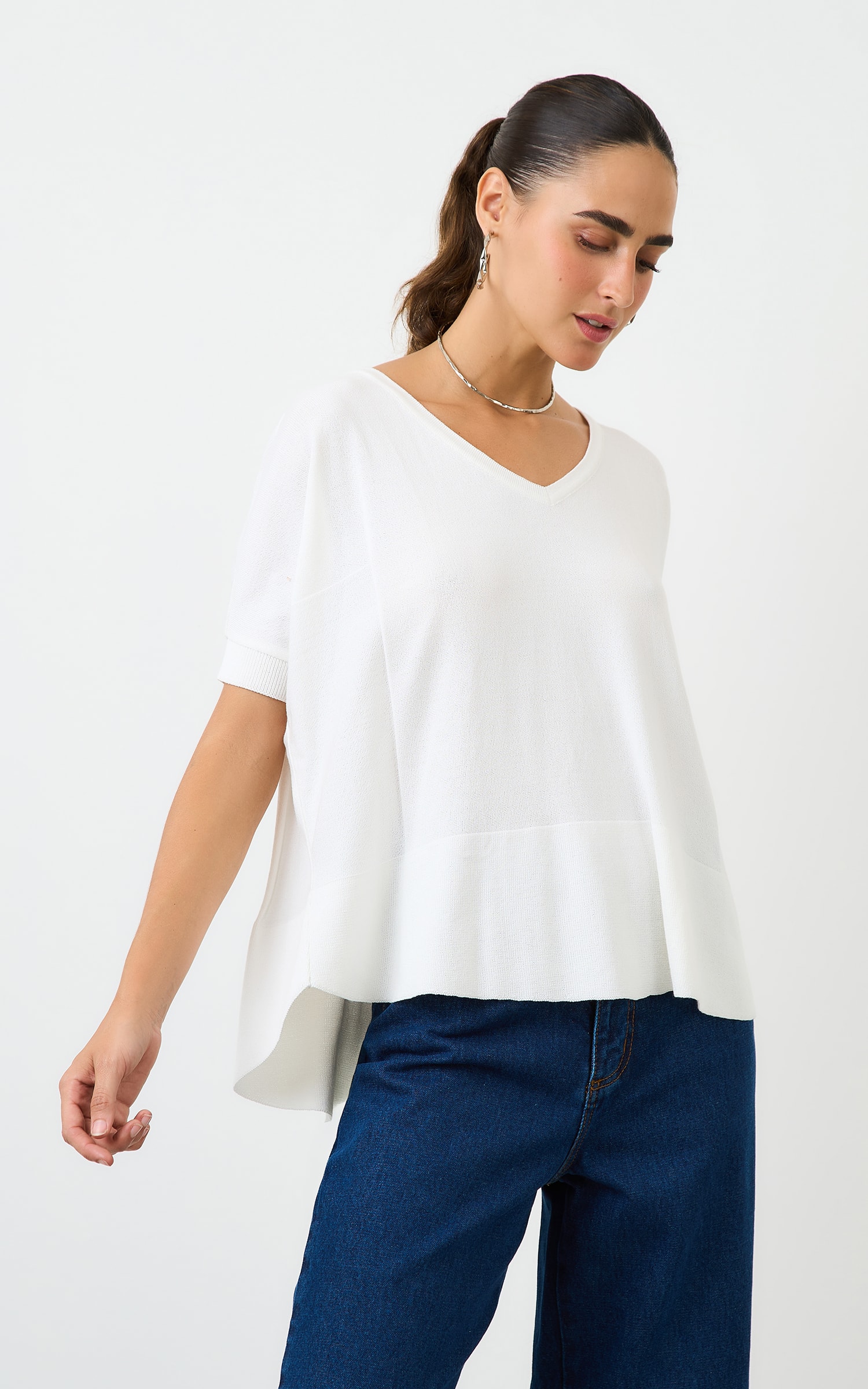 Blusa Tricot Decote v Ampla Off White