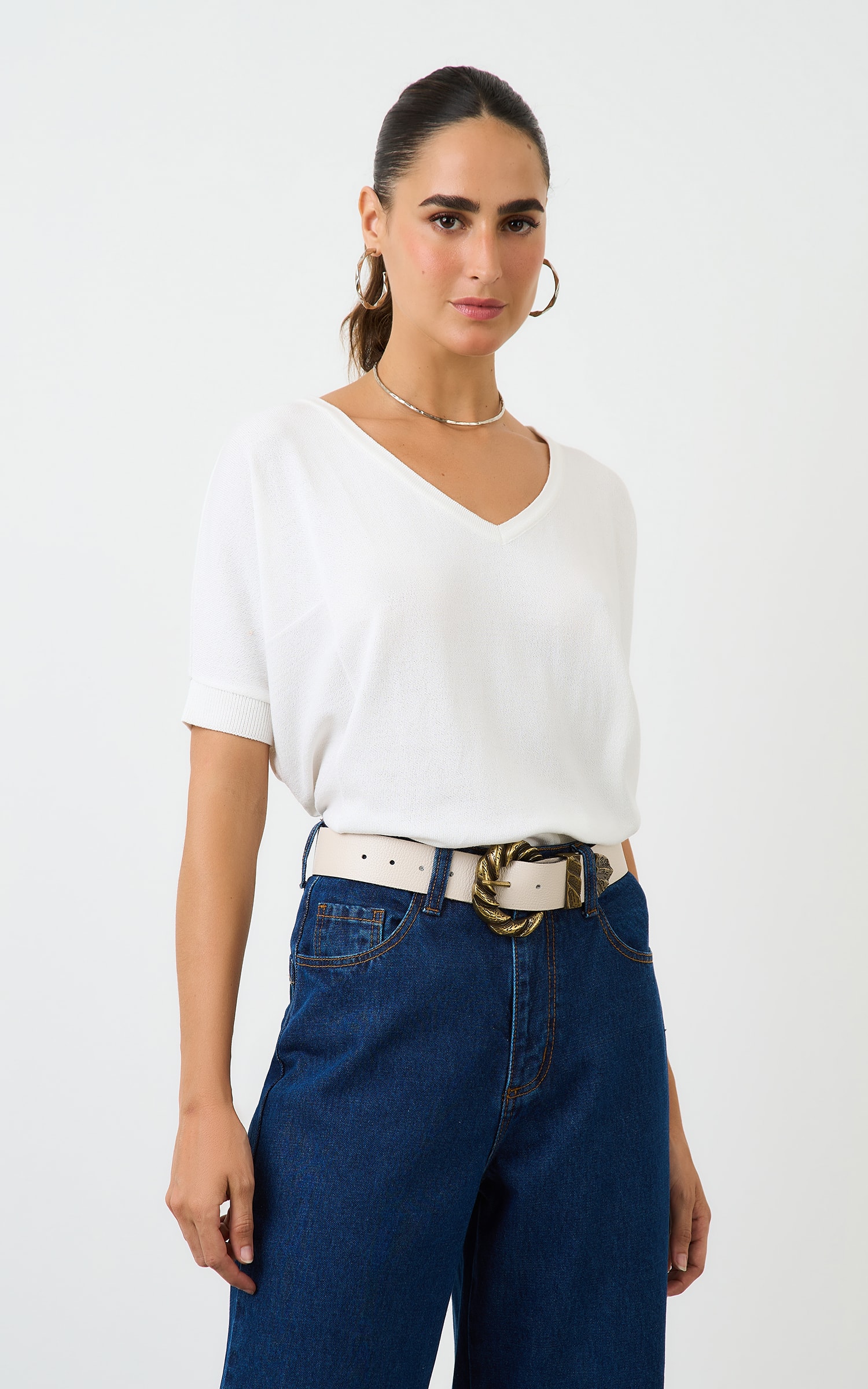 Blusa Tricot Decote v Ampla Off White
