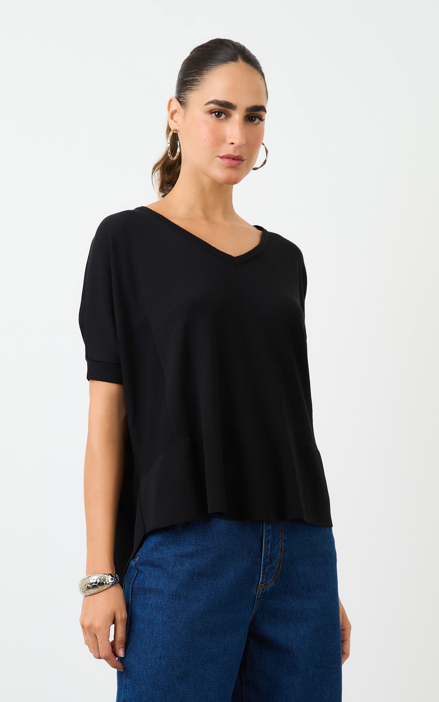 Blusa Tricot Decote v Ampla Preto
