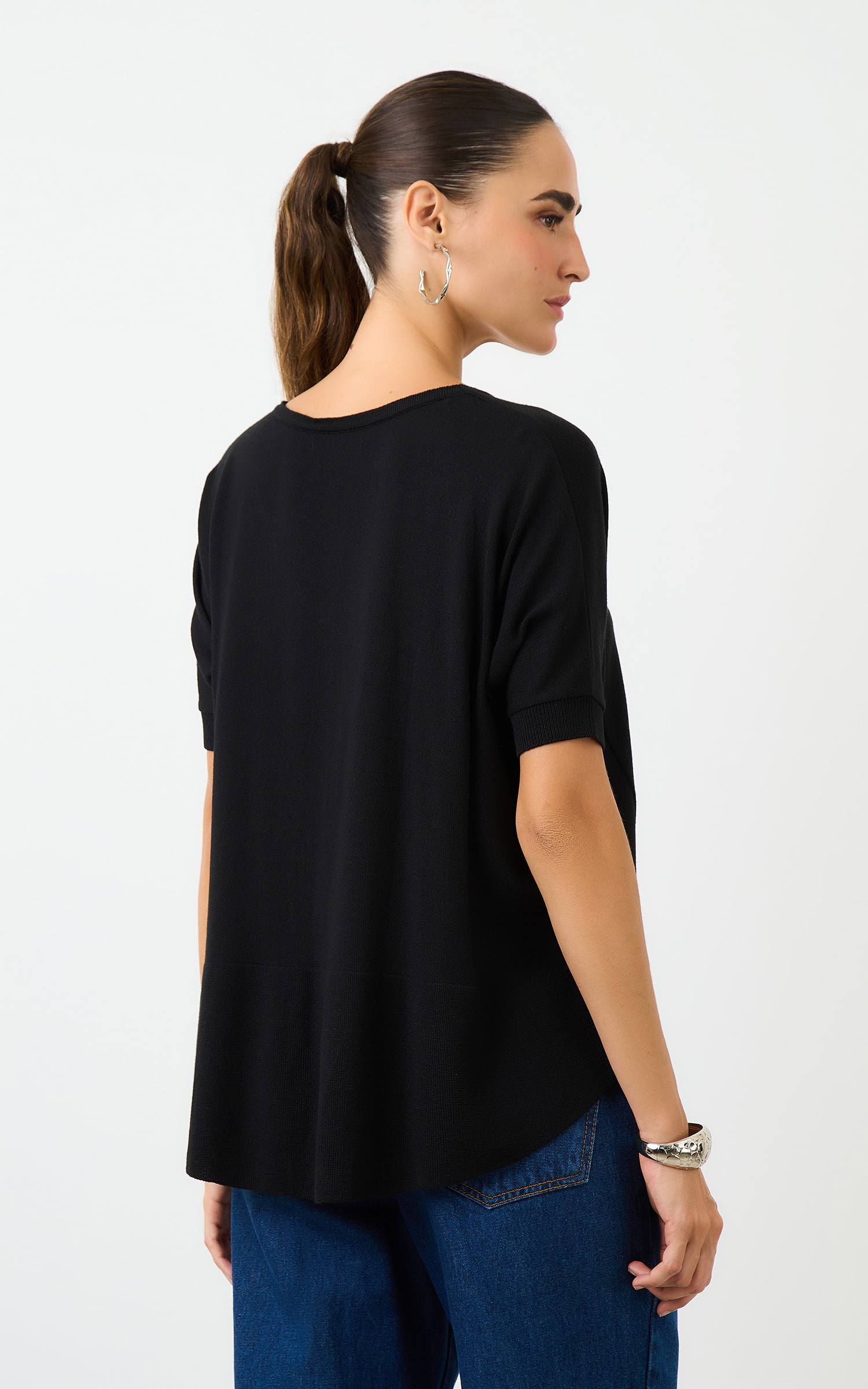 Blusa Tricot Decote v Ampla Preto