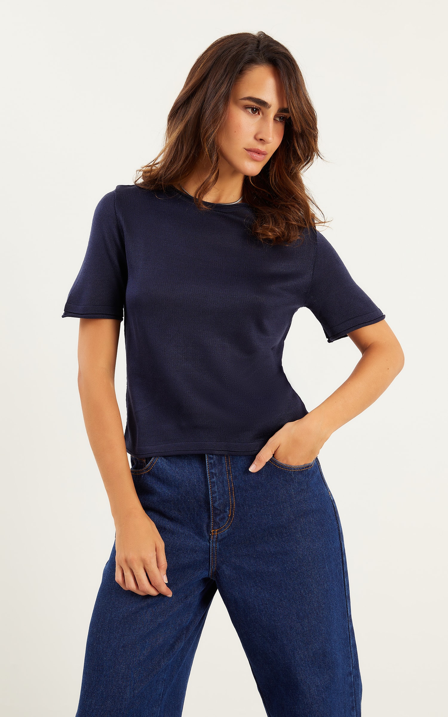 Blusa Tricot Detalhe a Fio Marinho