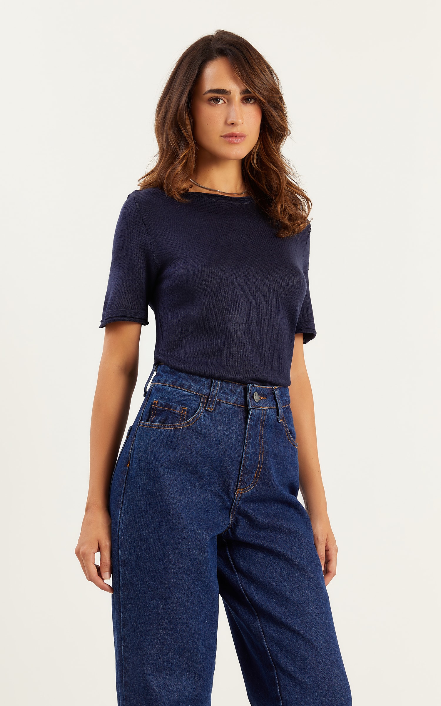 Blusa Tricot Detalhe a Fio Marinho