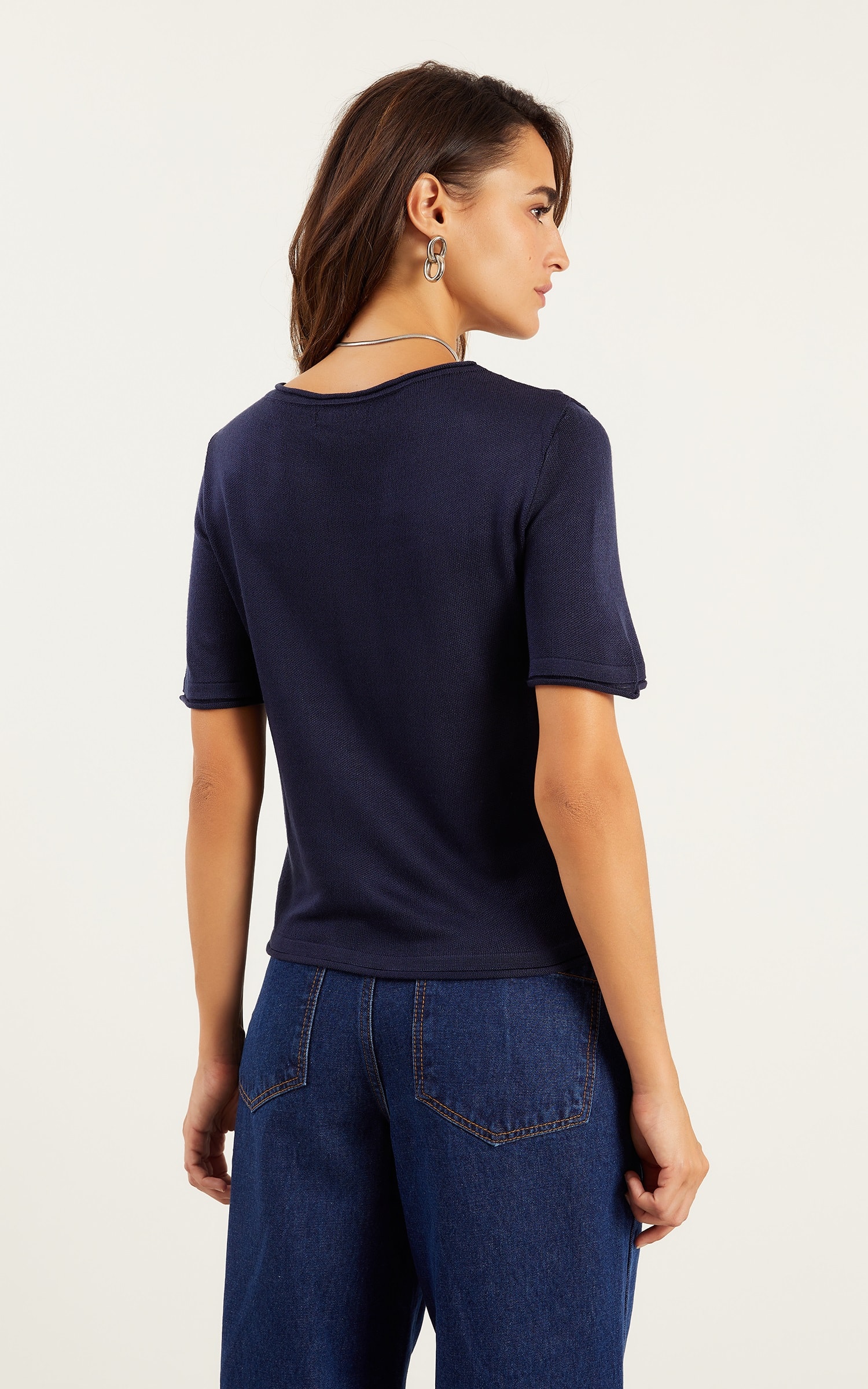 Blusa Tricot Detalhe a Fio Marinho