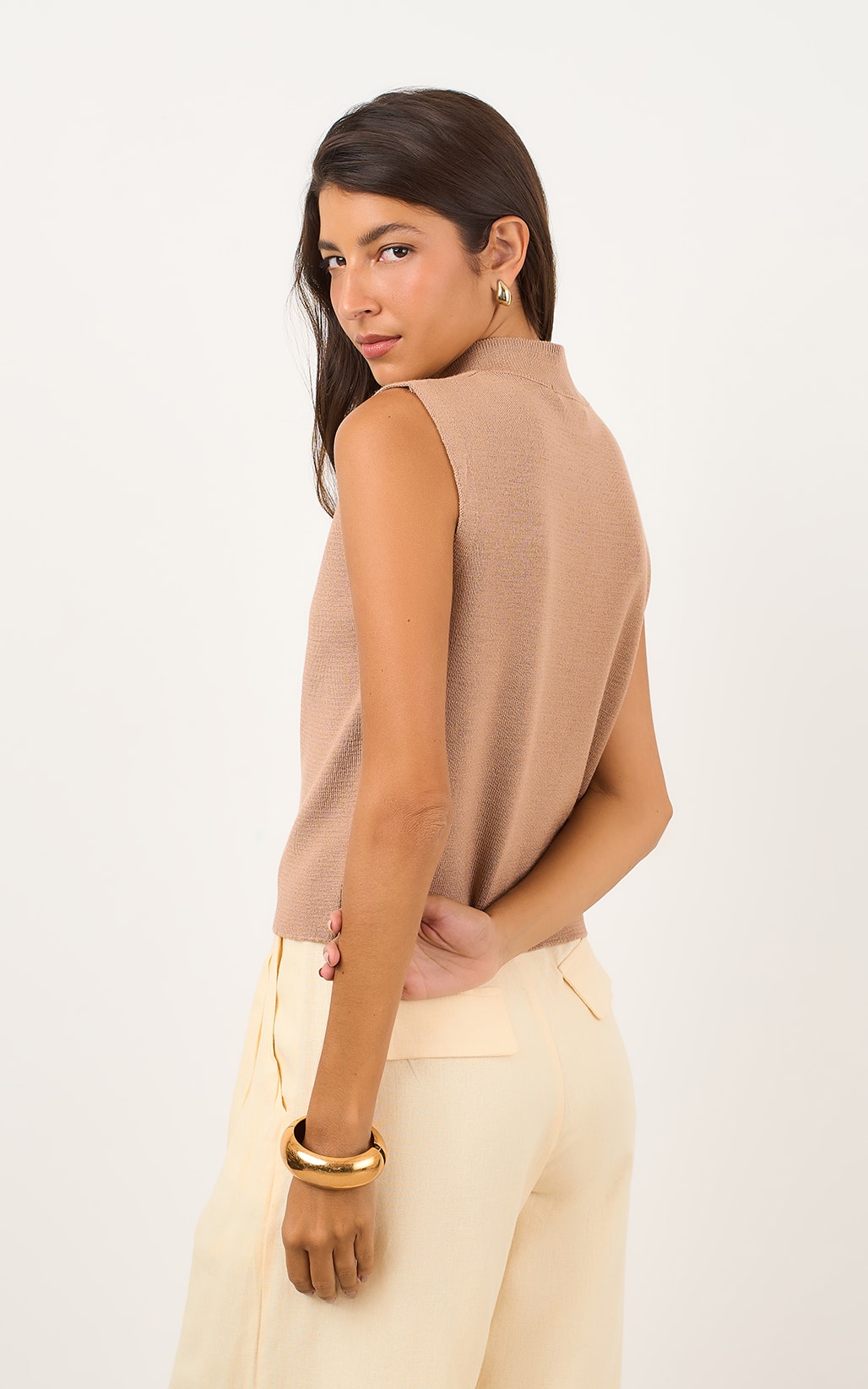 Blusa Tricot Gola Canelada Palha