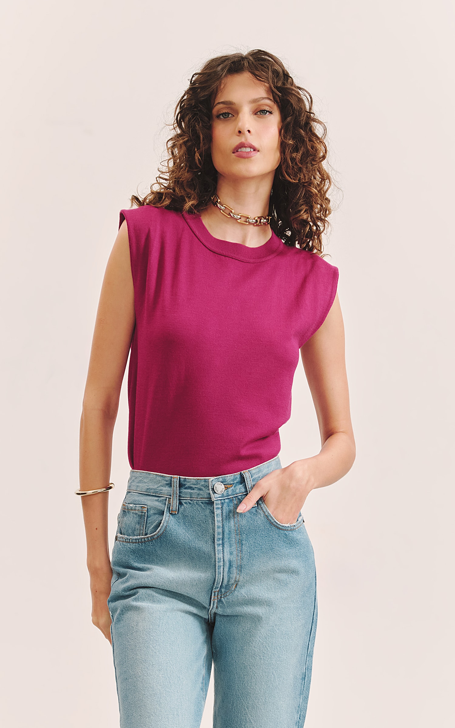 Blusa Tricot Gola Fúcsia