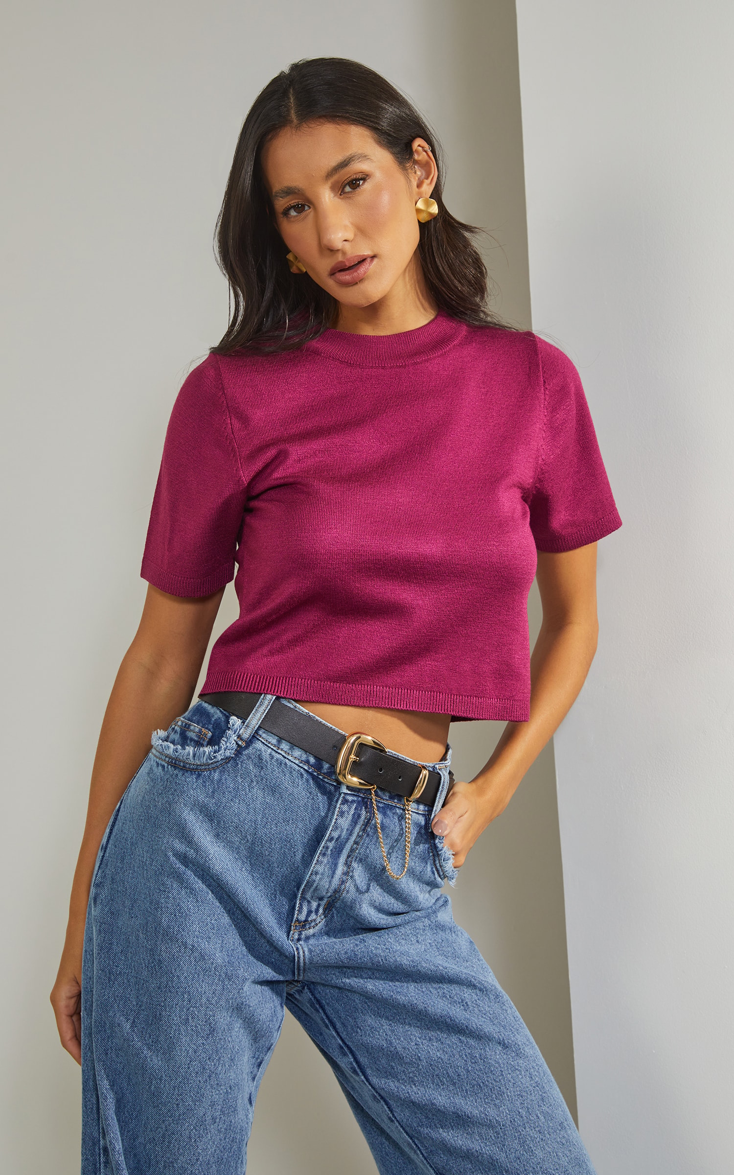 Blusa Tricot Gola Fúcsia