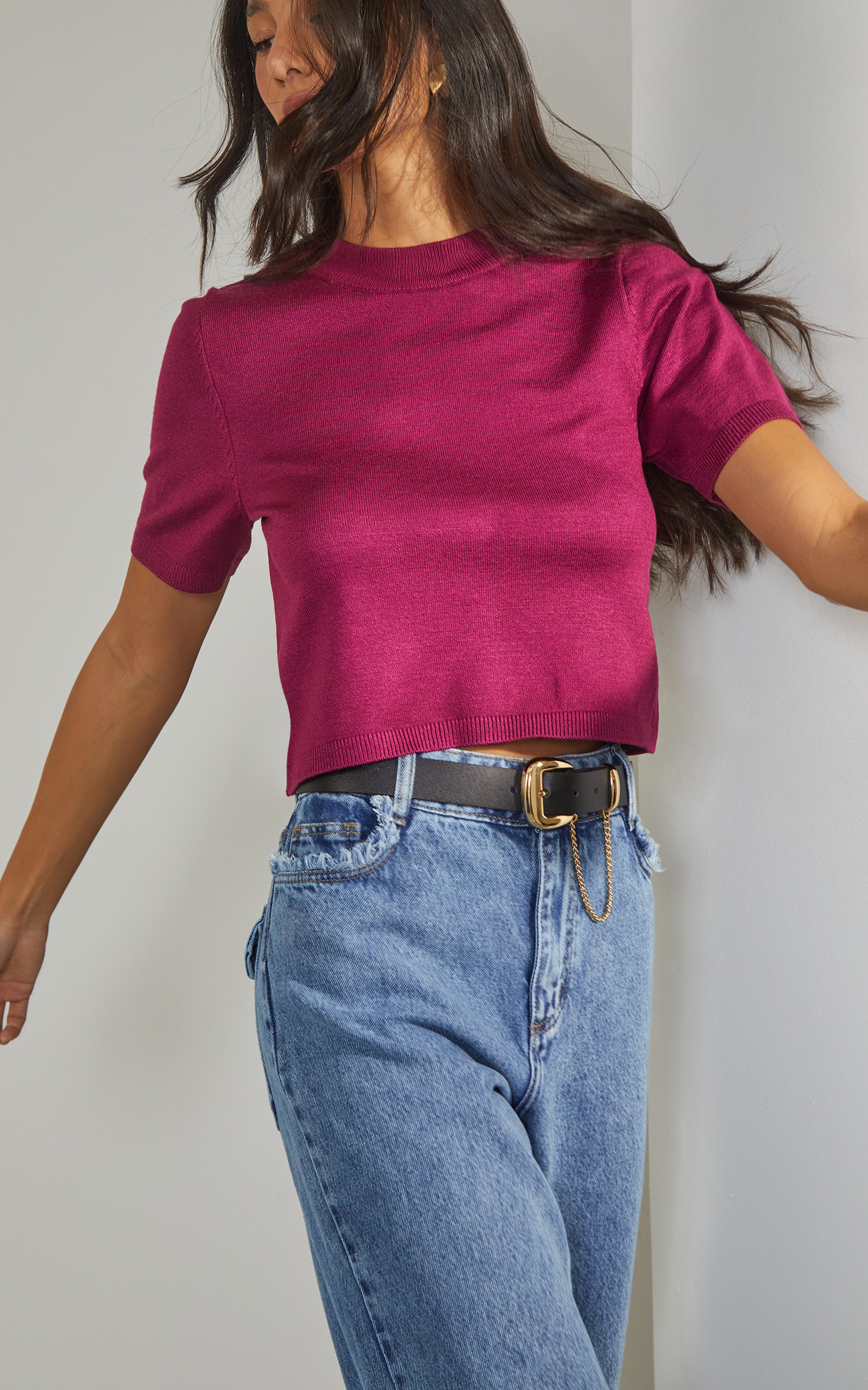 Blusa Tricot Gola Fúcsia