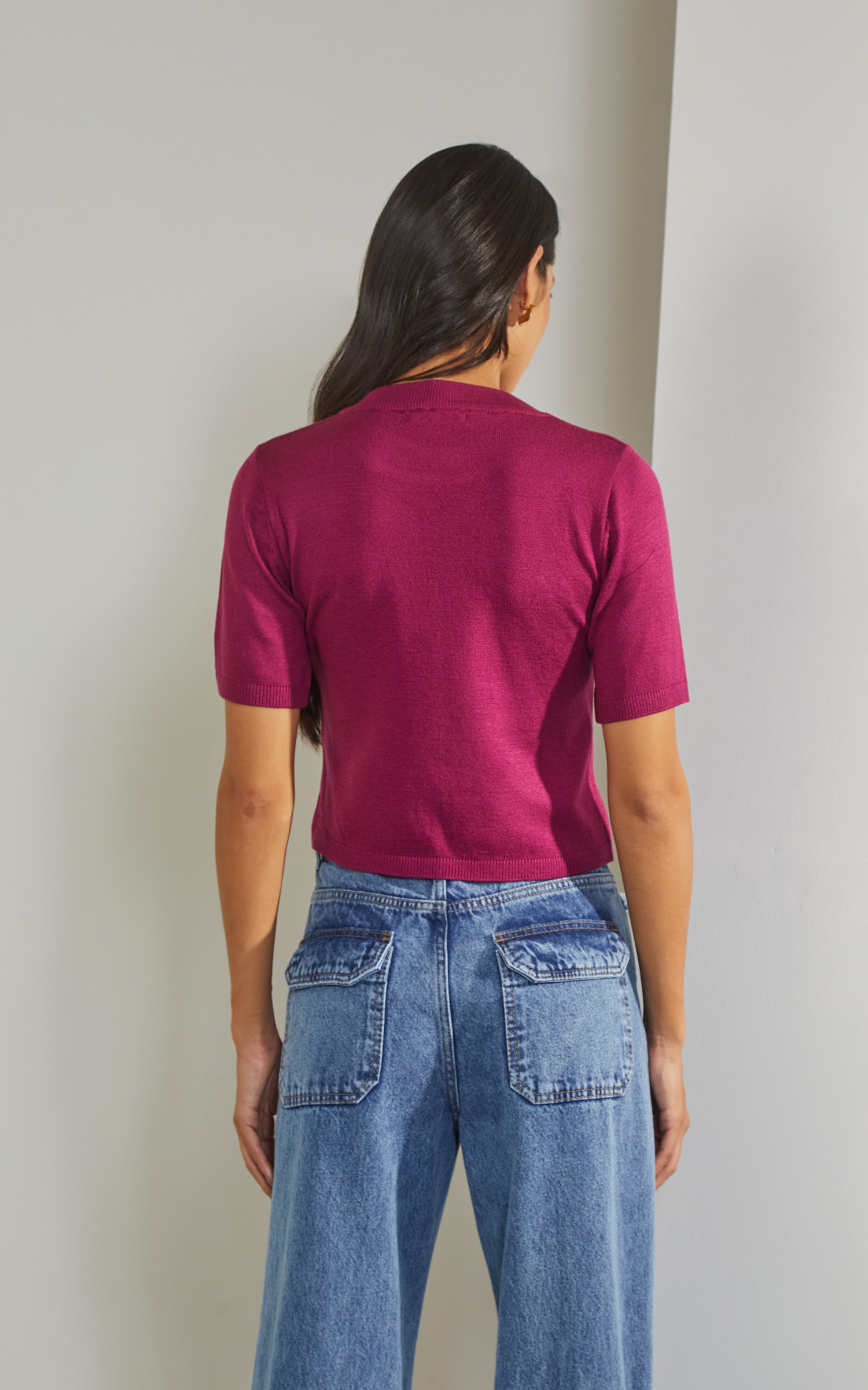 Blusa Tricot Gola Fúcsia