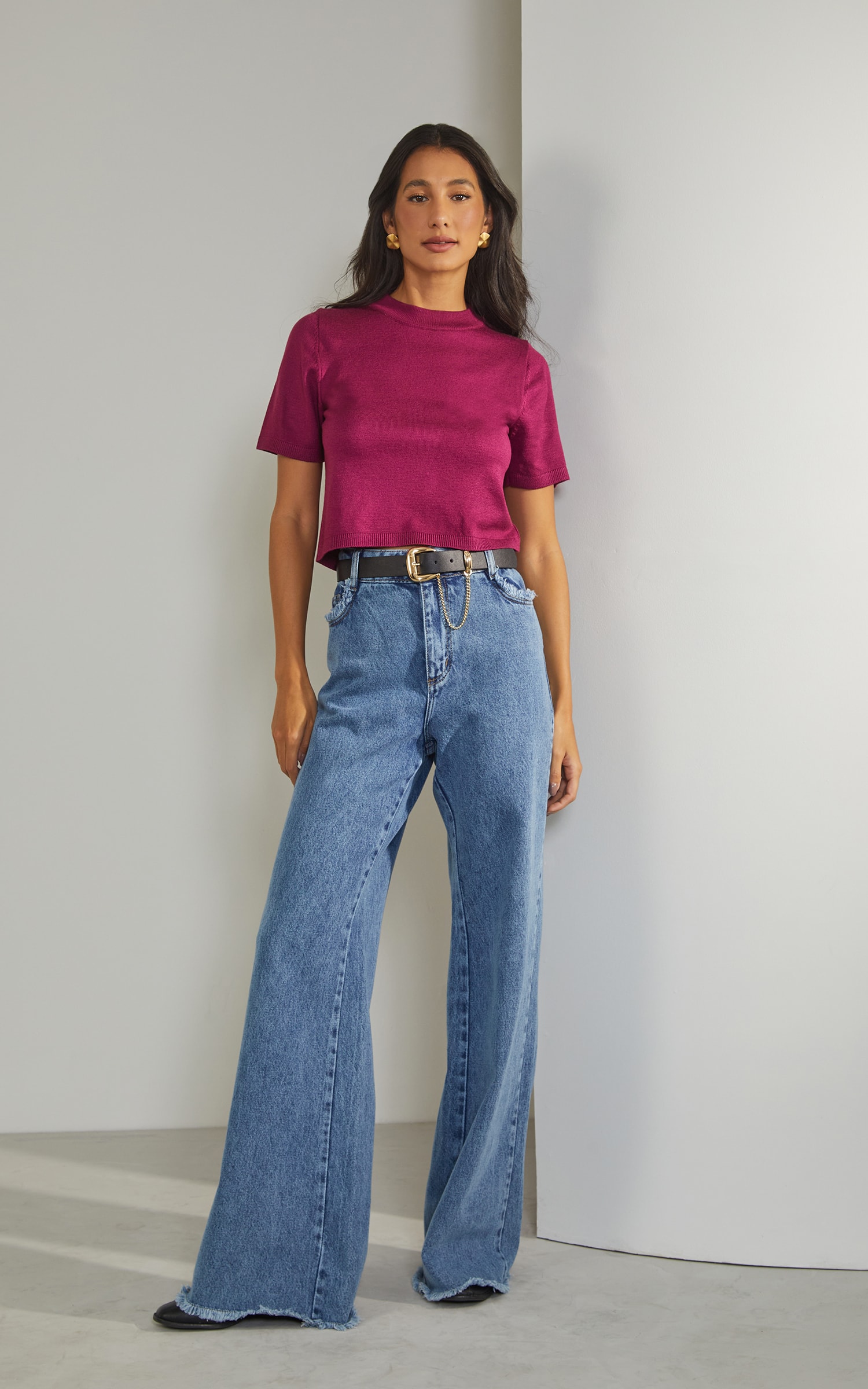 Blusa Tricot Gola Fúcsia
