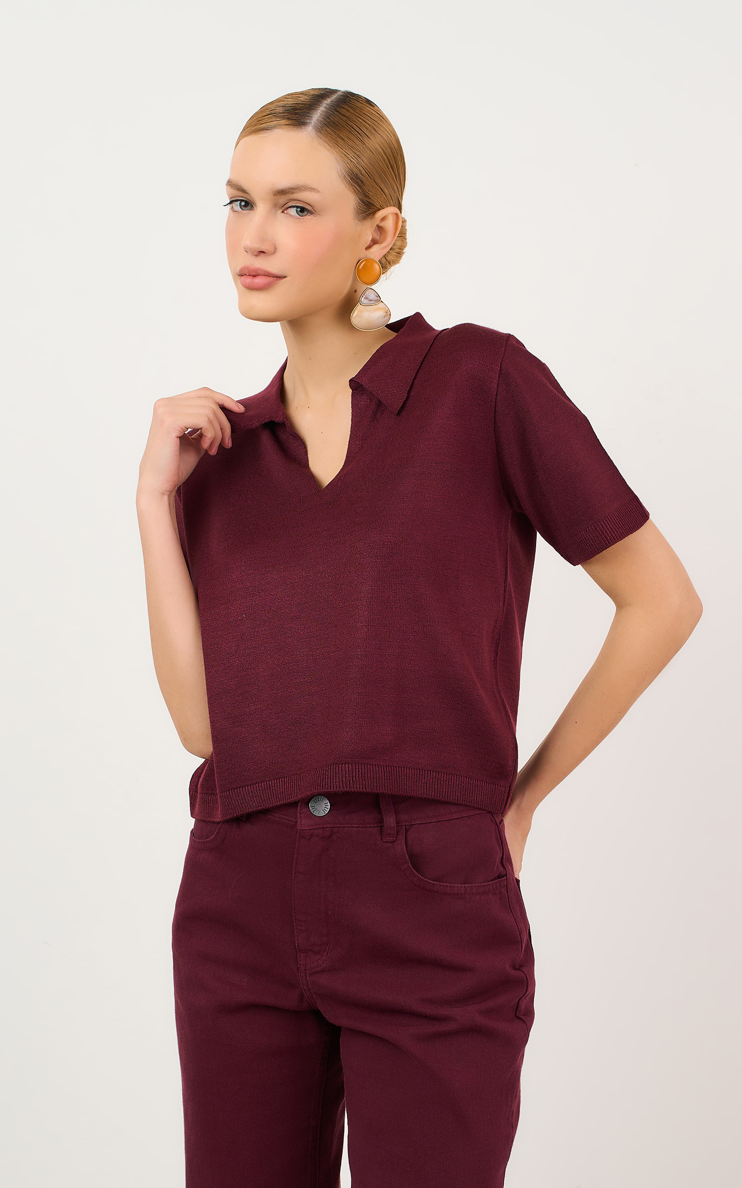 Blusa Tricot Gola Polo Burgundy