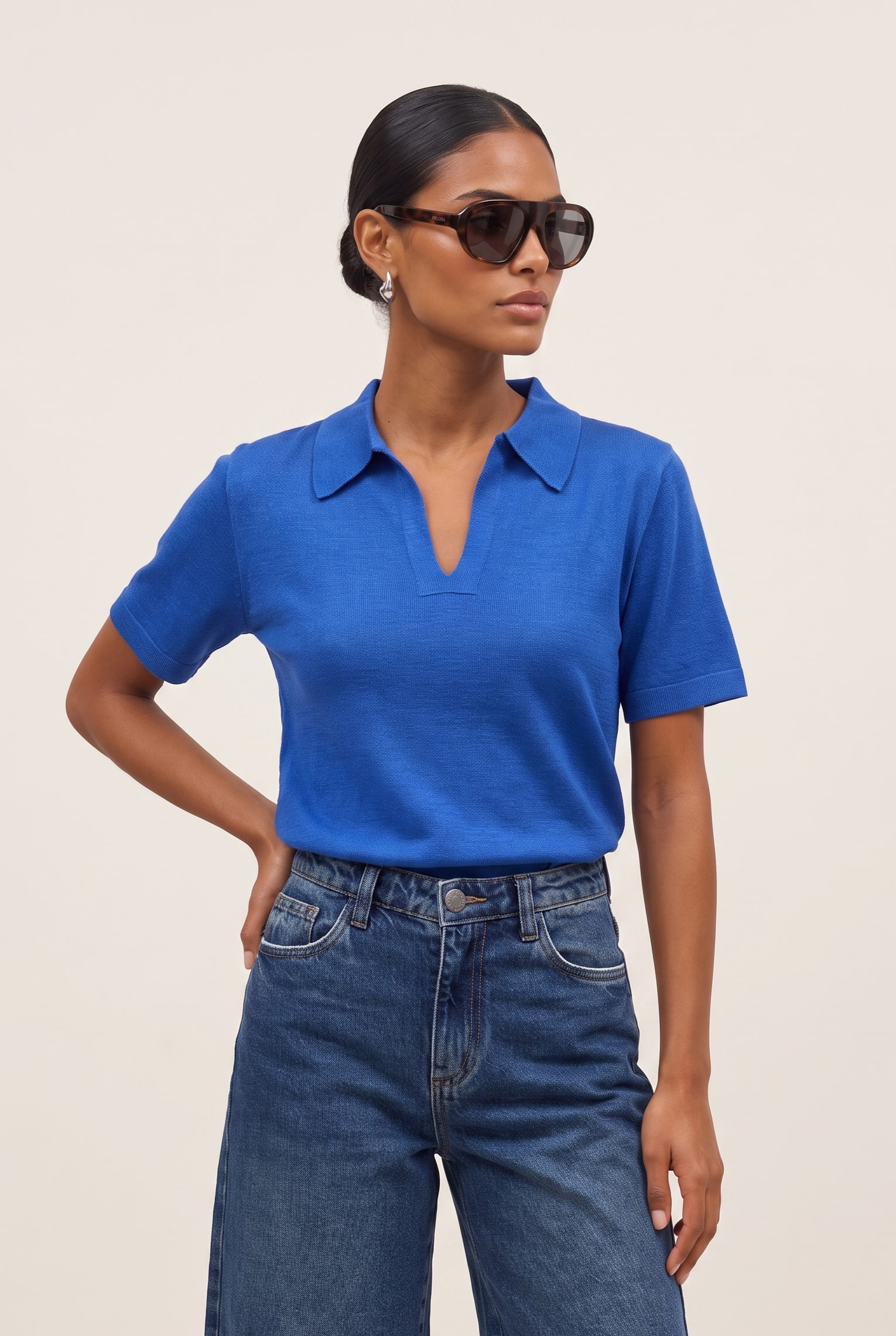 Blusa Tricot Gola Polo Luminous Blue