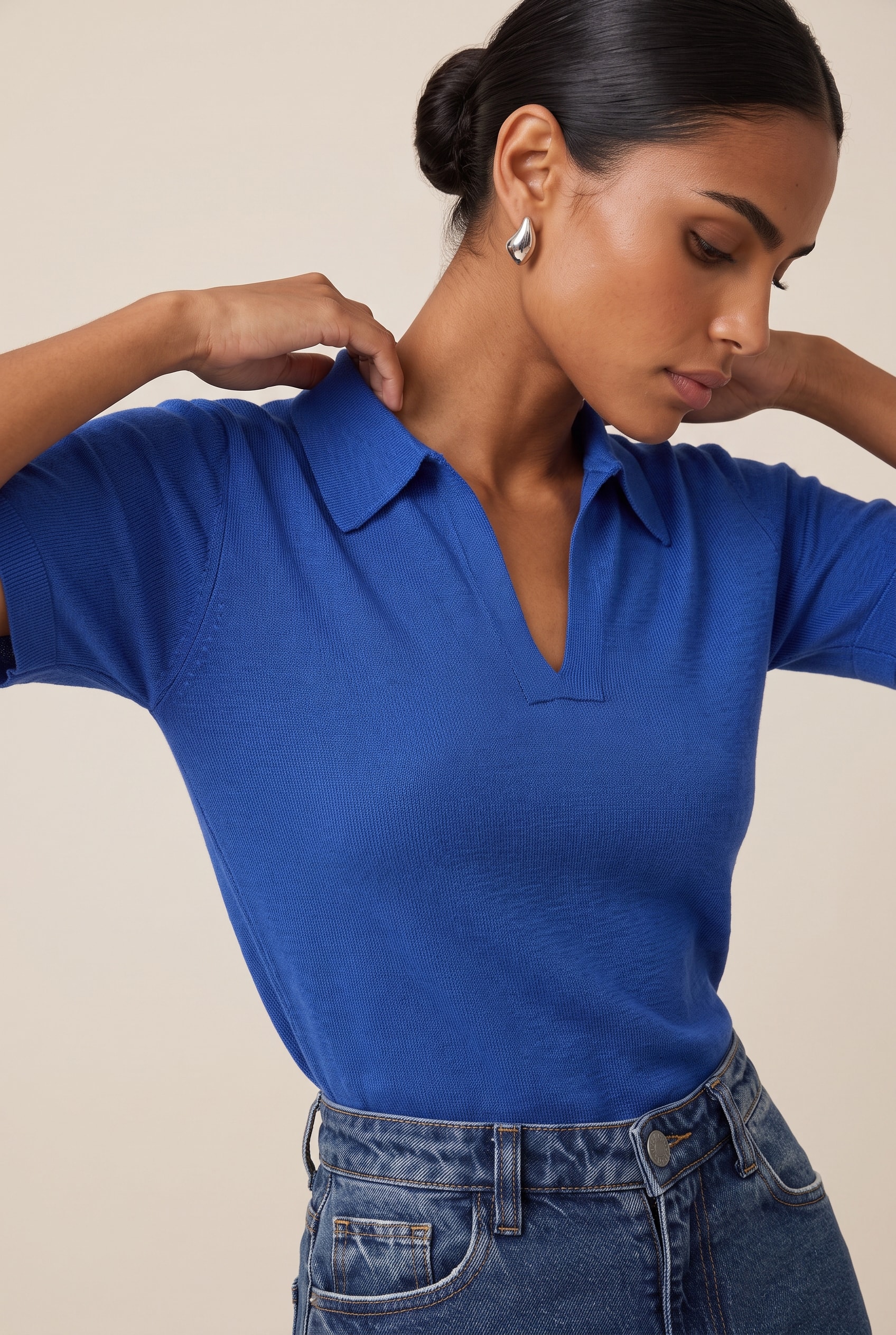 Blusa Tricot Gola Polo Luminous Blue