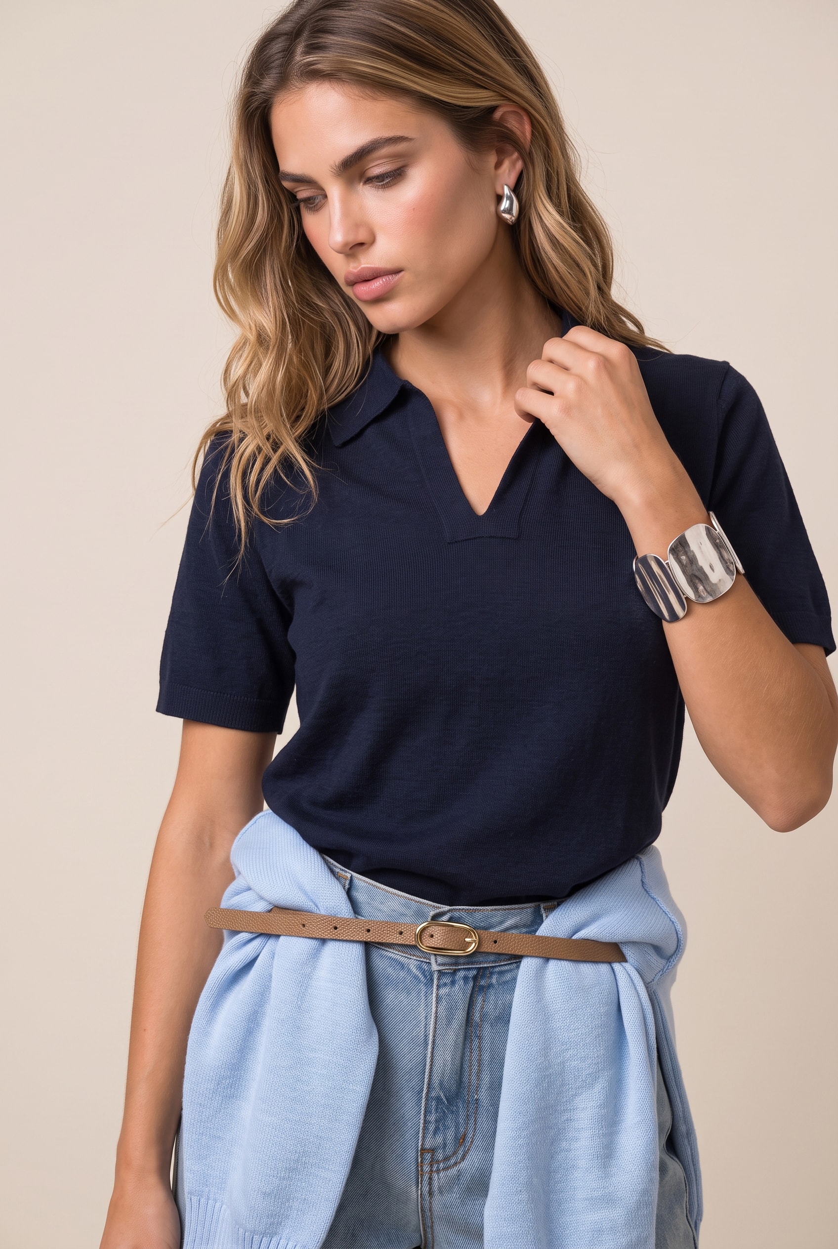 Blusa Tricot Gola Polo Marinho