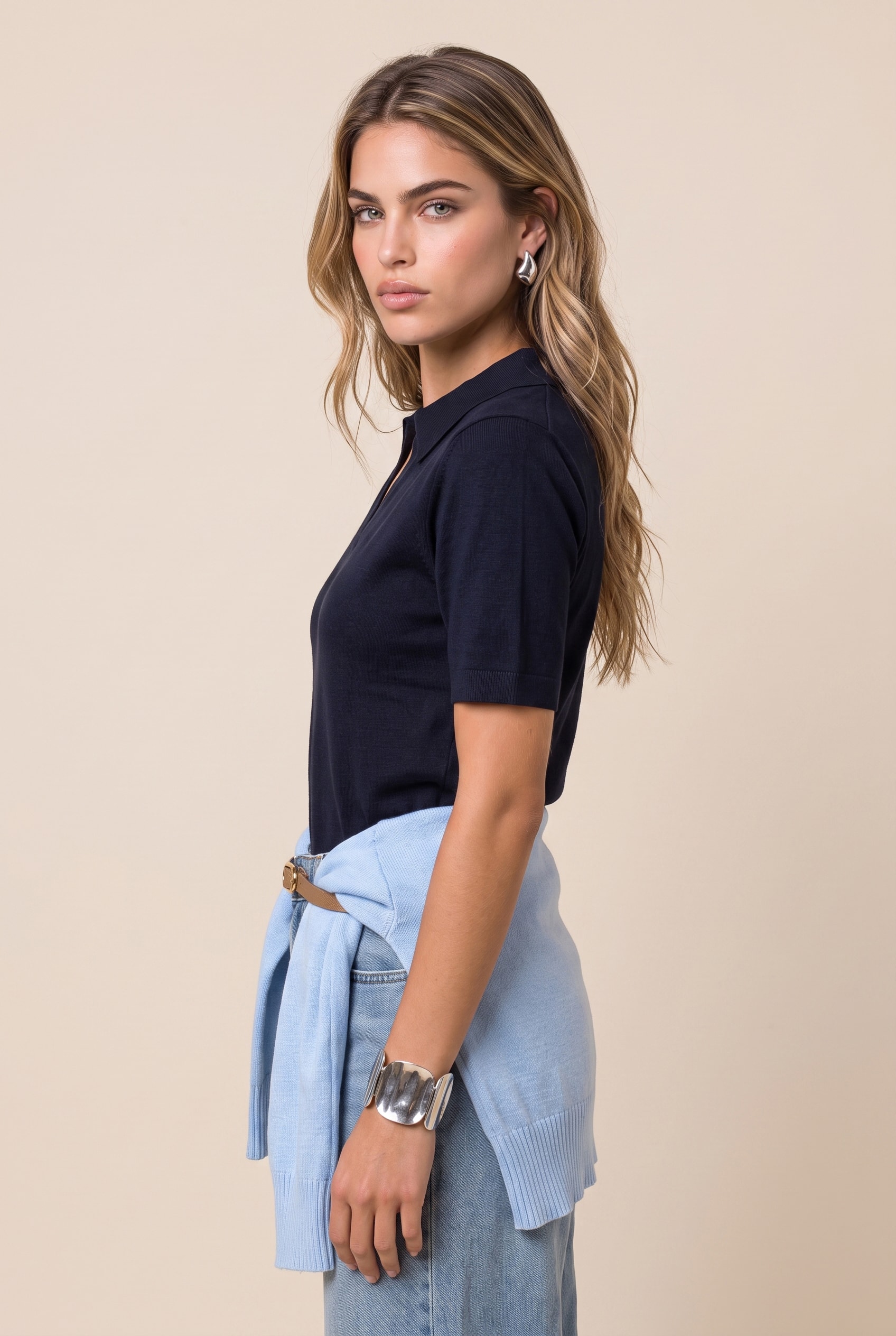 Blusa Tricot Gola Polo Marinho