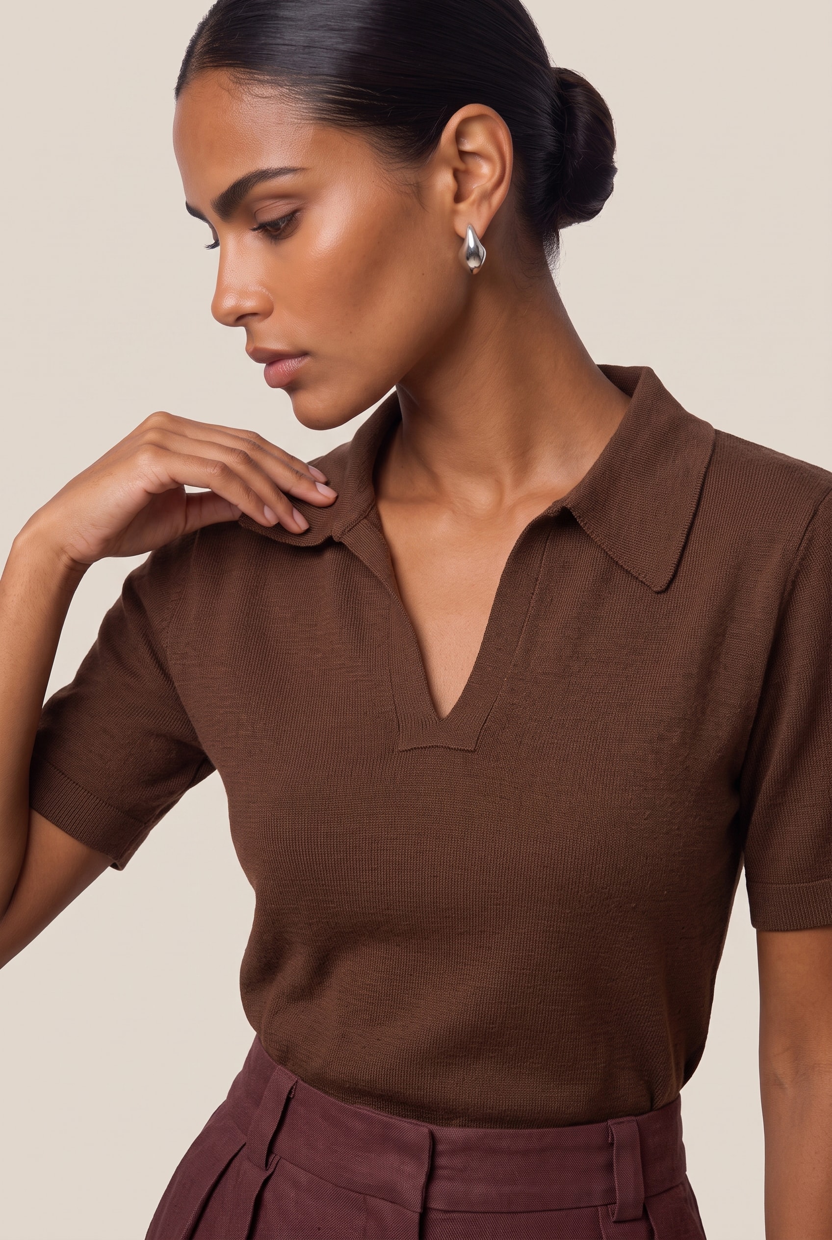 Blusa Tricot Gola Polo Marrom