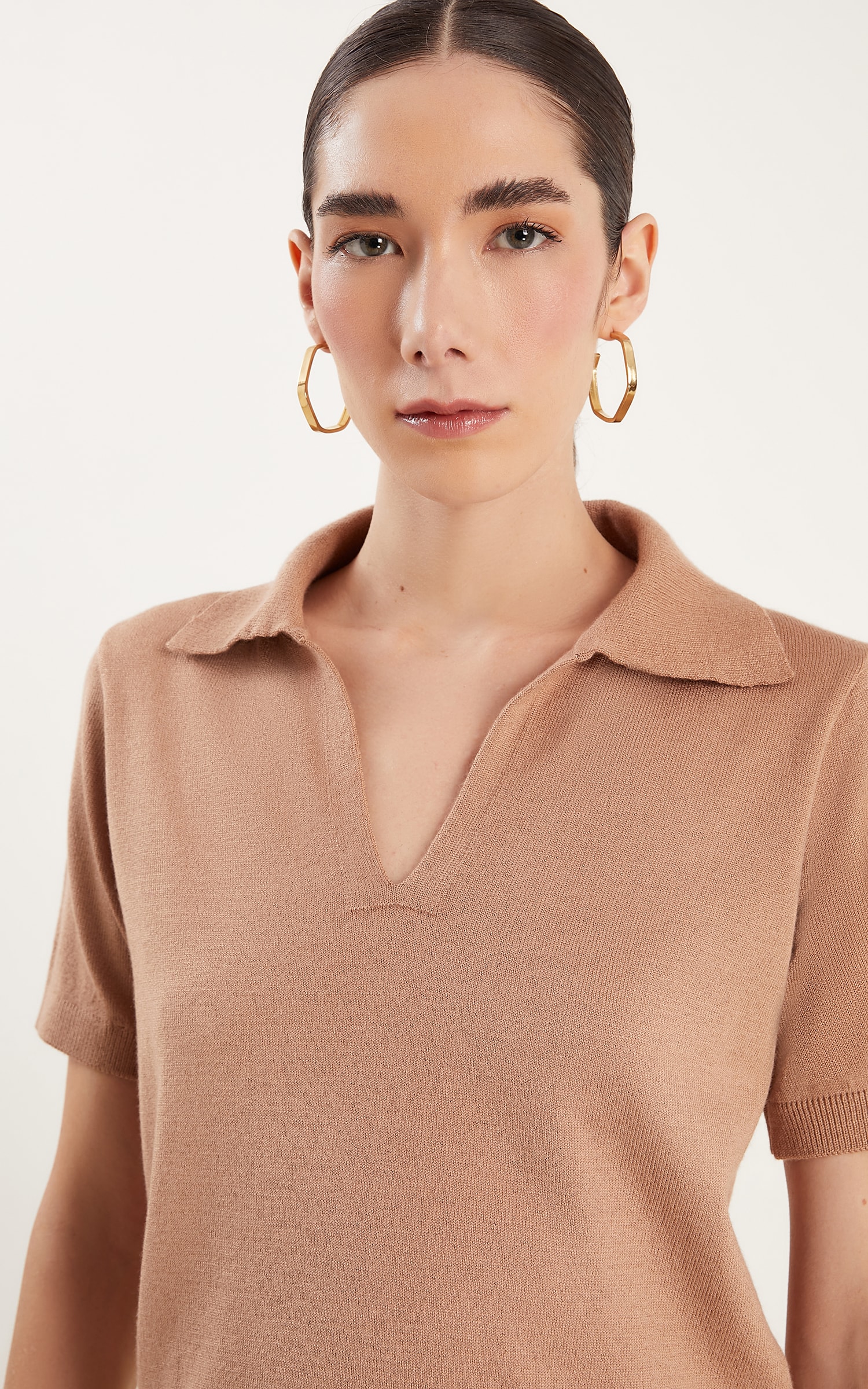 Blusa Tricot Gola Polo Nude