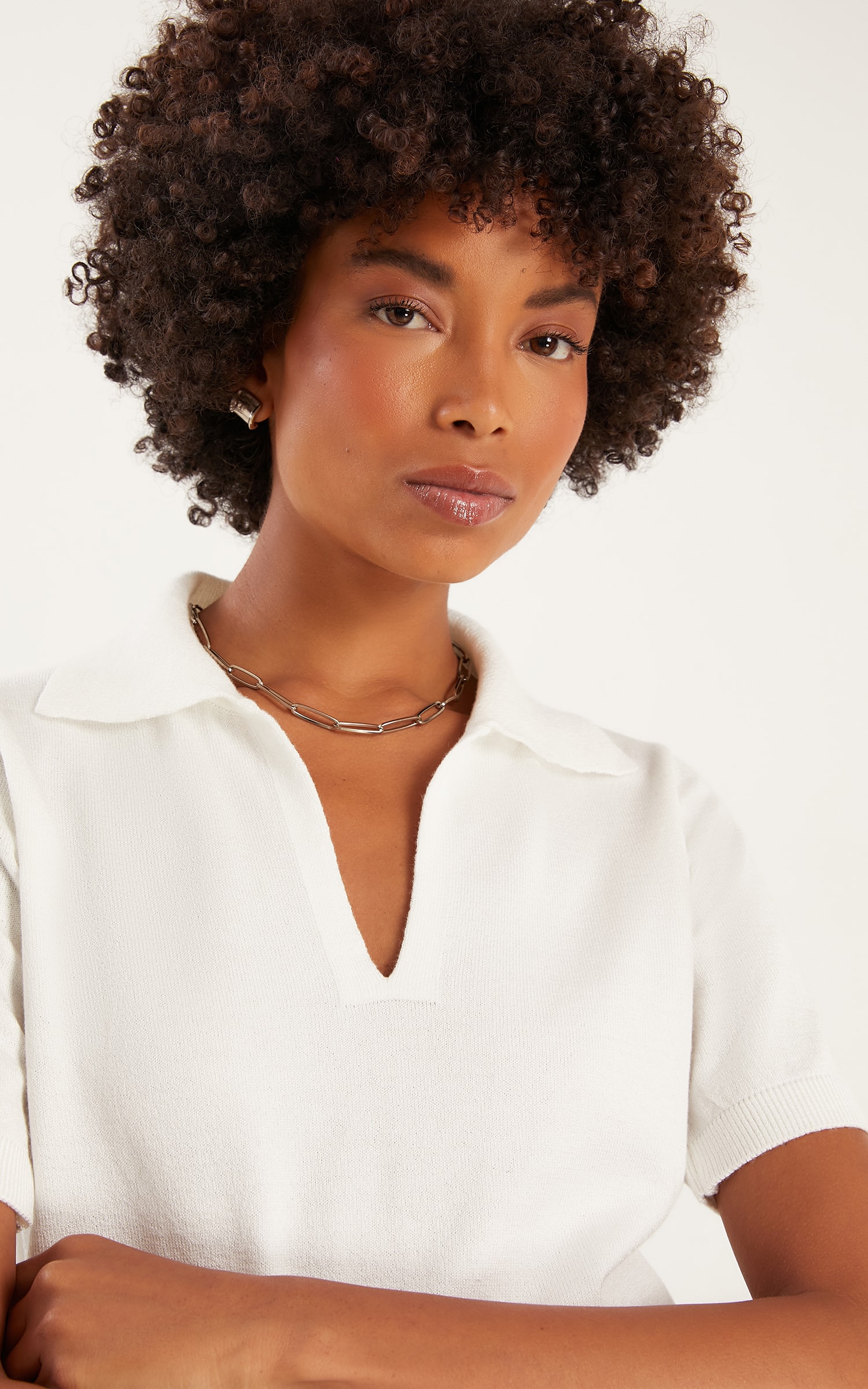Blusa Tricot Gola Polo Off White