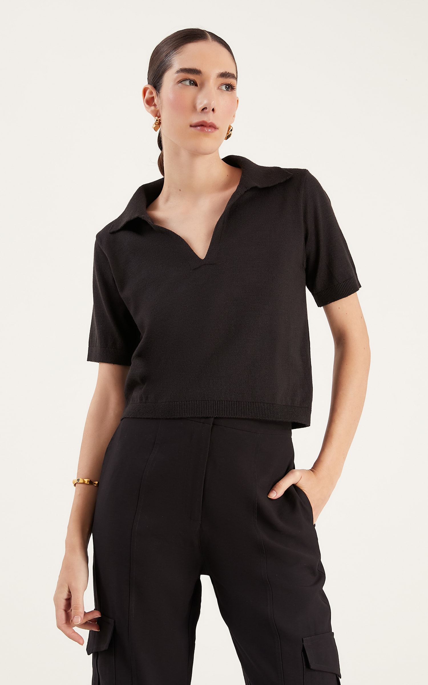 Blusa Tricot Gola Polo Preto