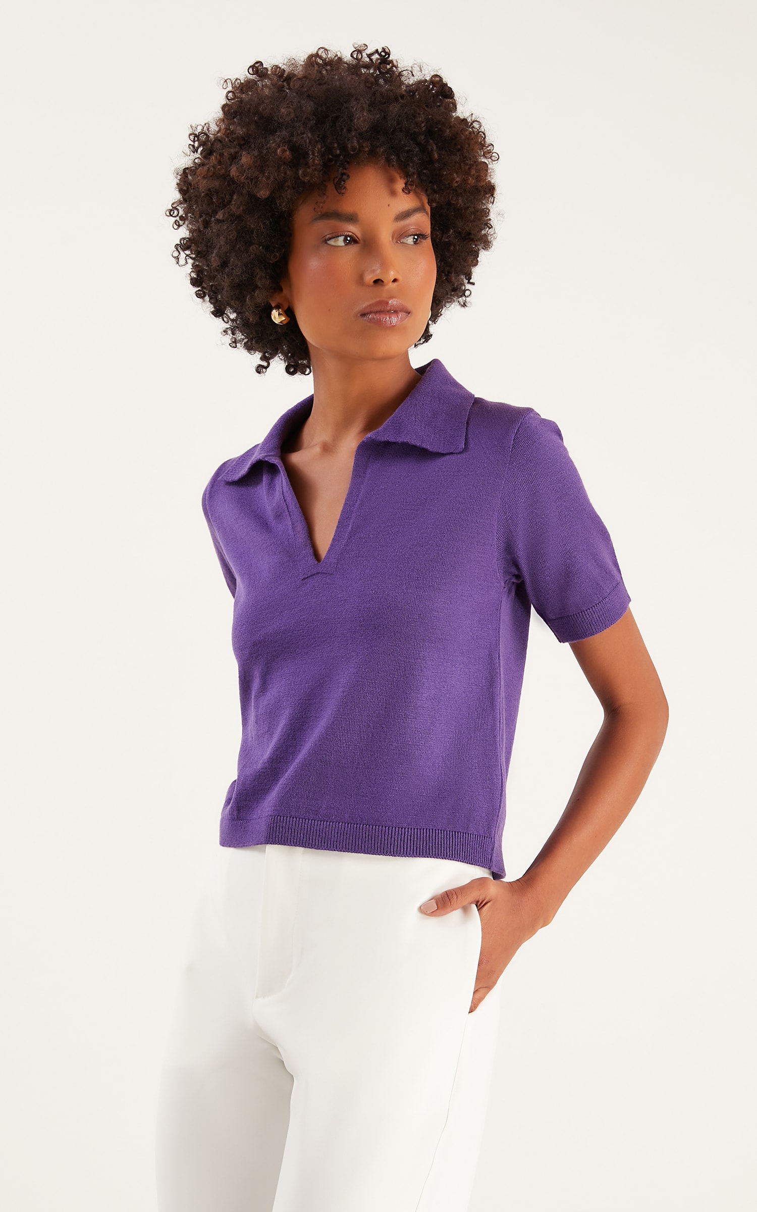 Blusa Tricot Gola Polo Uva