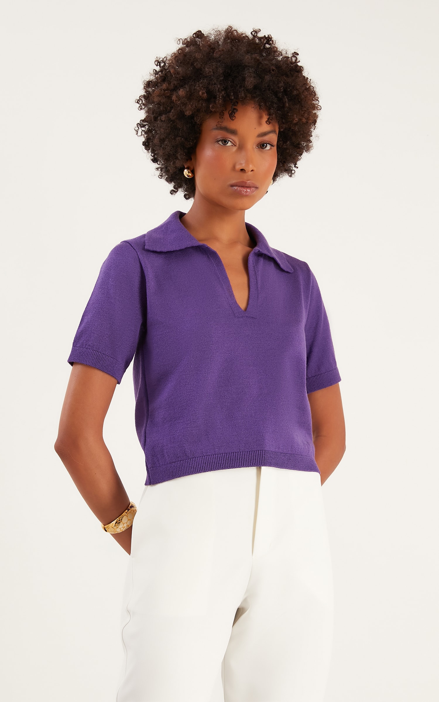 Blusa Tricot Gola Polo Uva