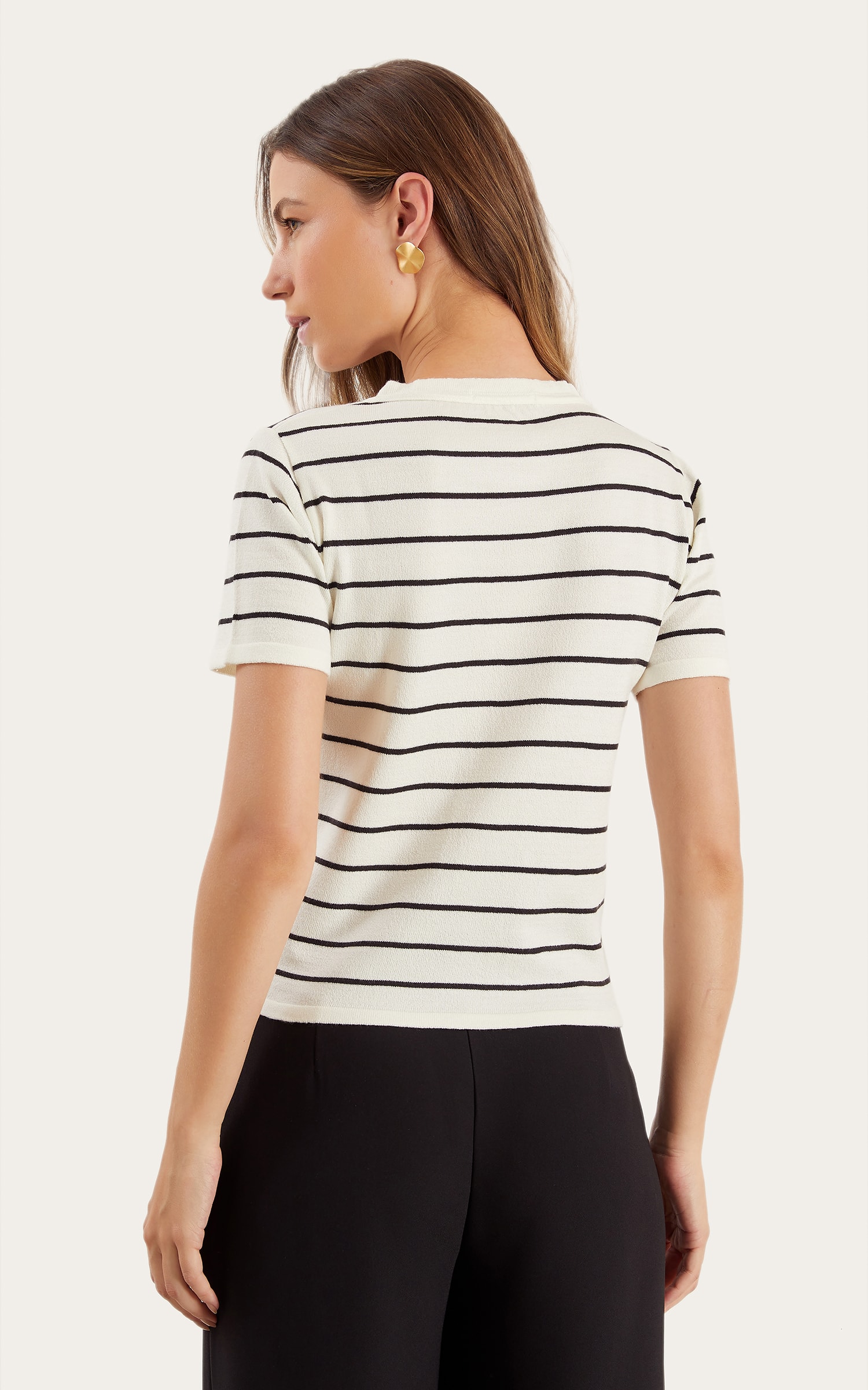 Blusa Tricot Listra Basic Preto e Off