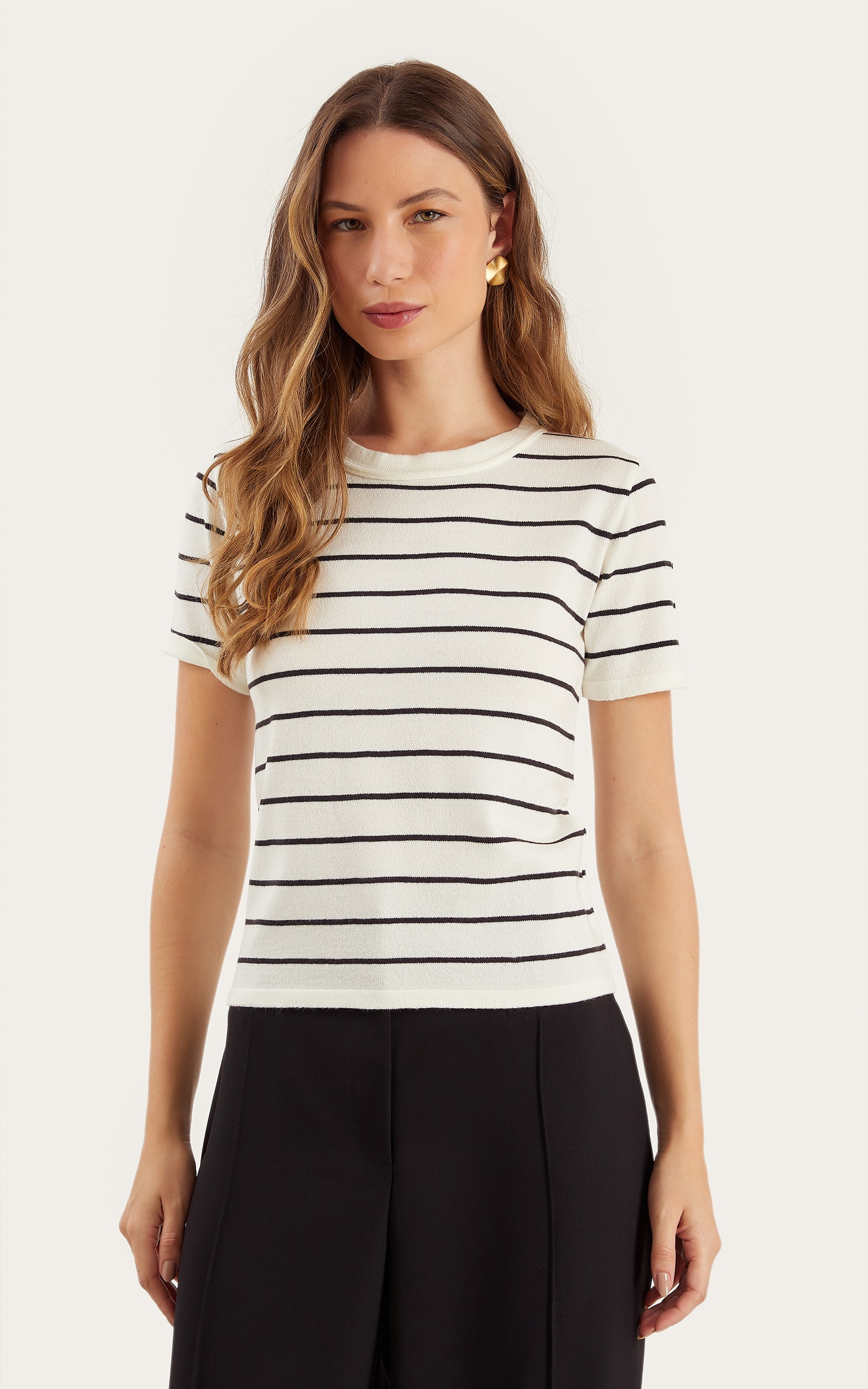 Blusa Tricot Listra Basic Preto e Off